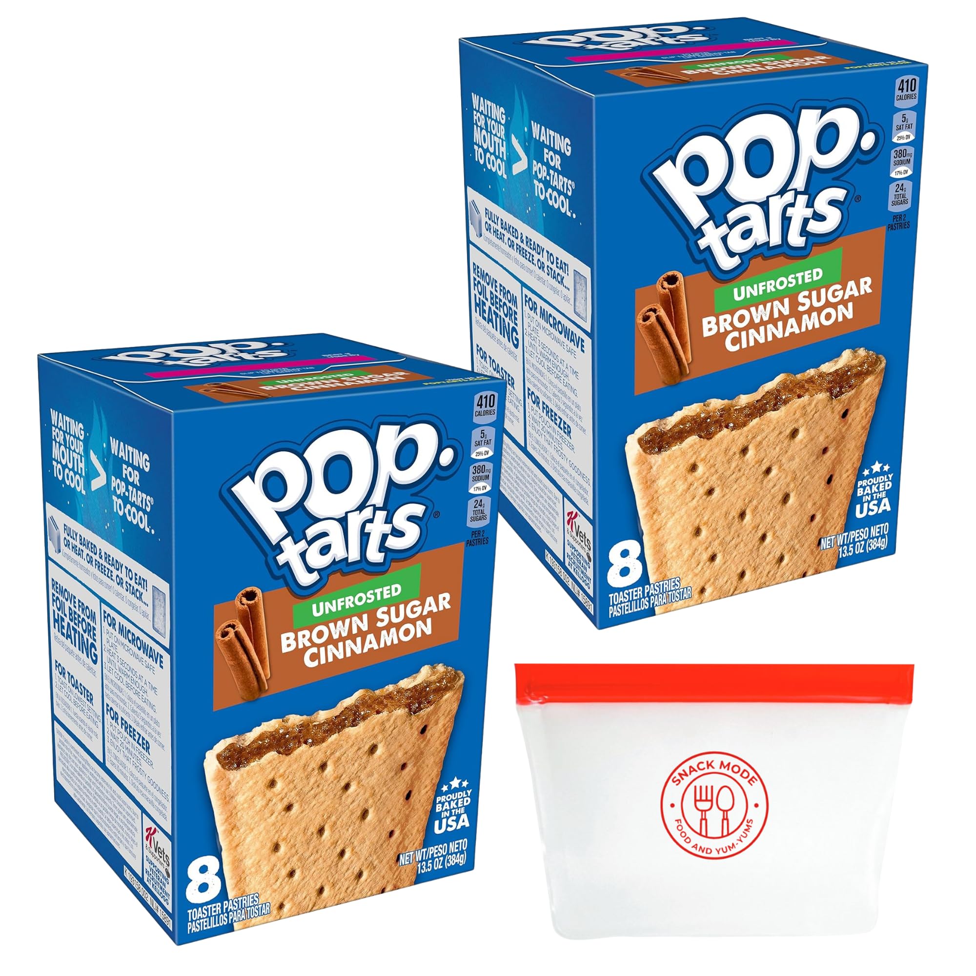Deluxe Toaster Pastries Bundle. Includes 2-13.5 Oz Unfrosted Brown Sugar Cinnamon Pop Tarts and Reusable 'Snack Mode' Pouch - Ideal for Kids, School