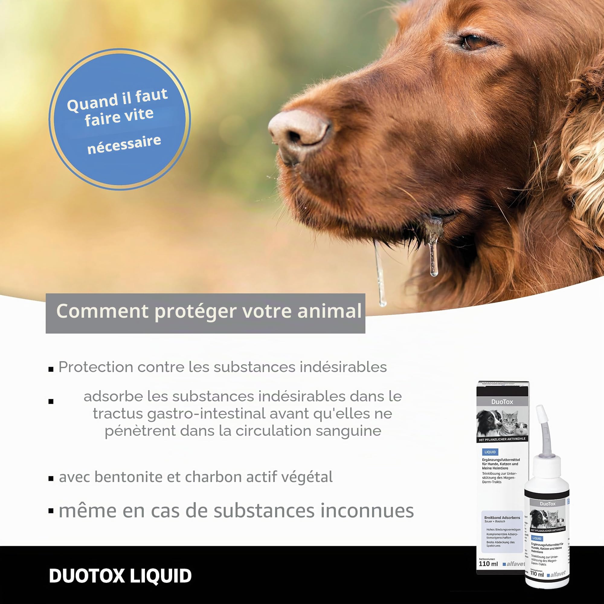 alfavet DuoTox Liquid Complément alimentaire aigu au charbon végétal et à la bentonite, pour soutenir le tractus gastro-intestinal chez les chiens, chats, petits animaux de compagnie, avec embout