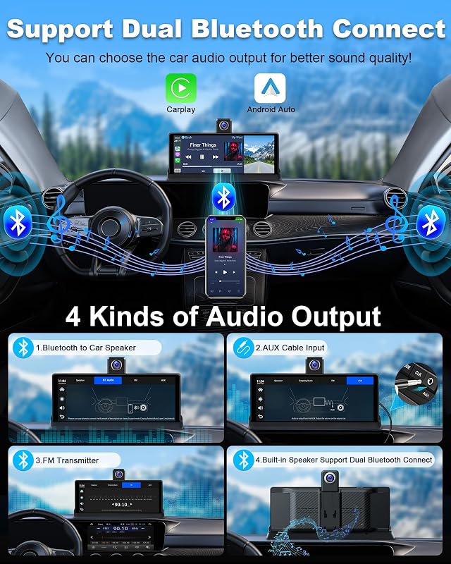 Vtopek 10,26" 4K Apple CarPlay Kijelző 350° Forgatható Kamerával - Vezeték Nélküli Android Autós Monitor, Bluetooth, Siri, Navigáció, 64GB T