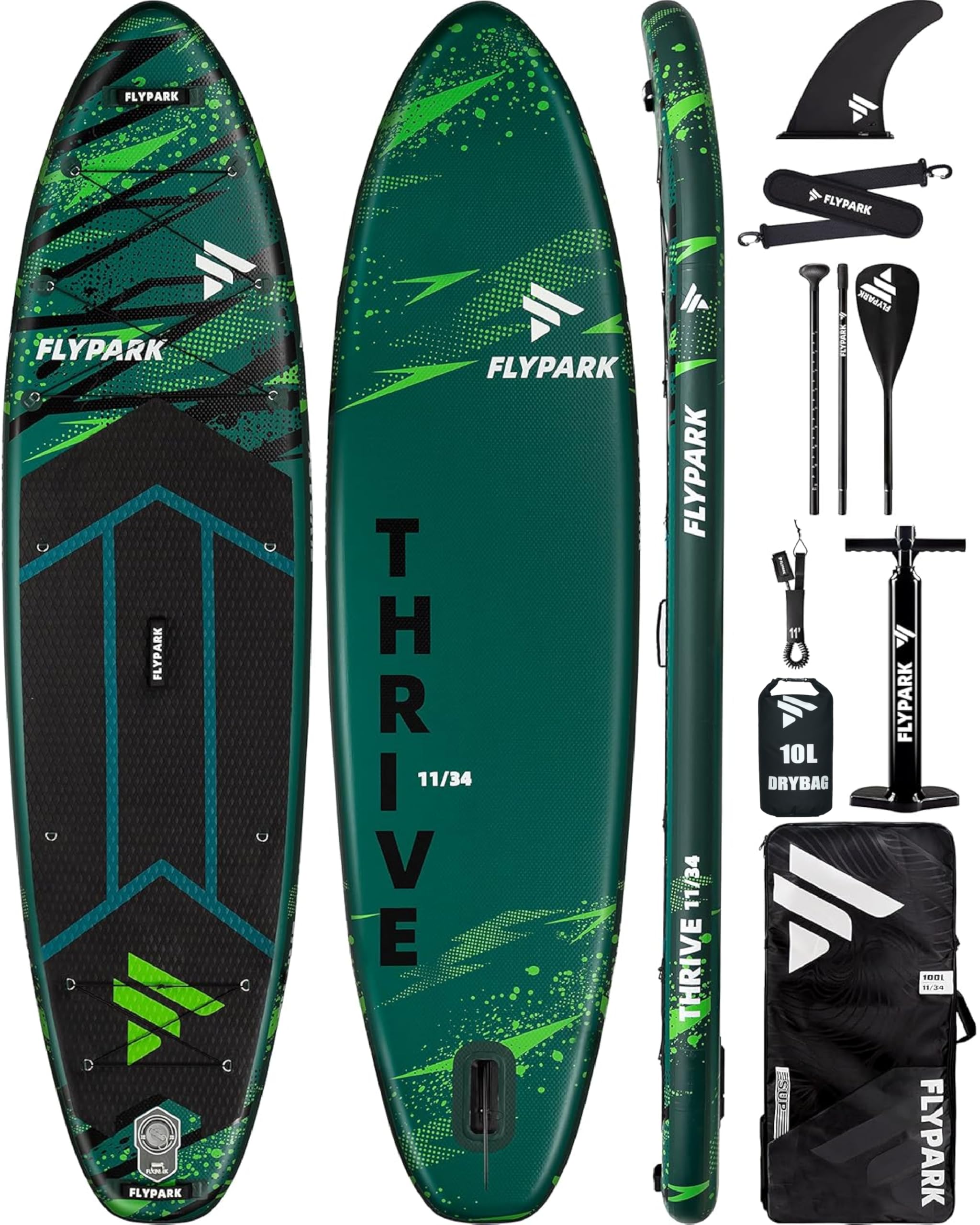 Flypark 11'x34‘’ Inflatable Paddle Boards, Extra Wide SUP for 420lbs/3Adults, Yoga Stand Up Paddle Board, 110L Backpack, 15 D-Rings, Shoulder Strap, US-Fin, 2-Action Pump