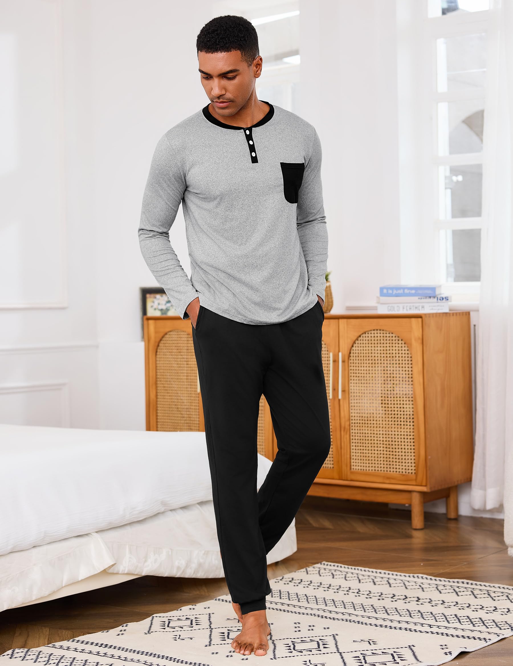 Uniexcosm Pigiama Uomo Cotone Lungo Pigiama A Due Pezzi da Uomo Abbigliamento da Casa