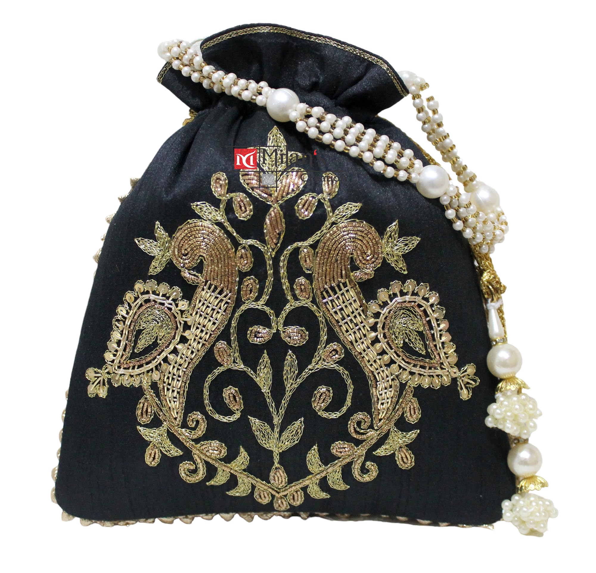 MILANS CREATION : Zardosi Potli Bag Peacock Hand Embroidery Drawstring Potli Womens Handbag Purse With Pearl Handle & Tassel Purse (Golden) (Light Green) (B0CM6SBFPM) Amazon Price History, Amazon Price Tracker