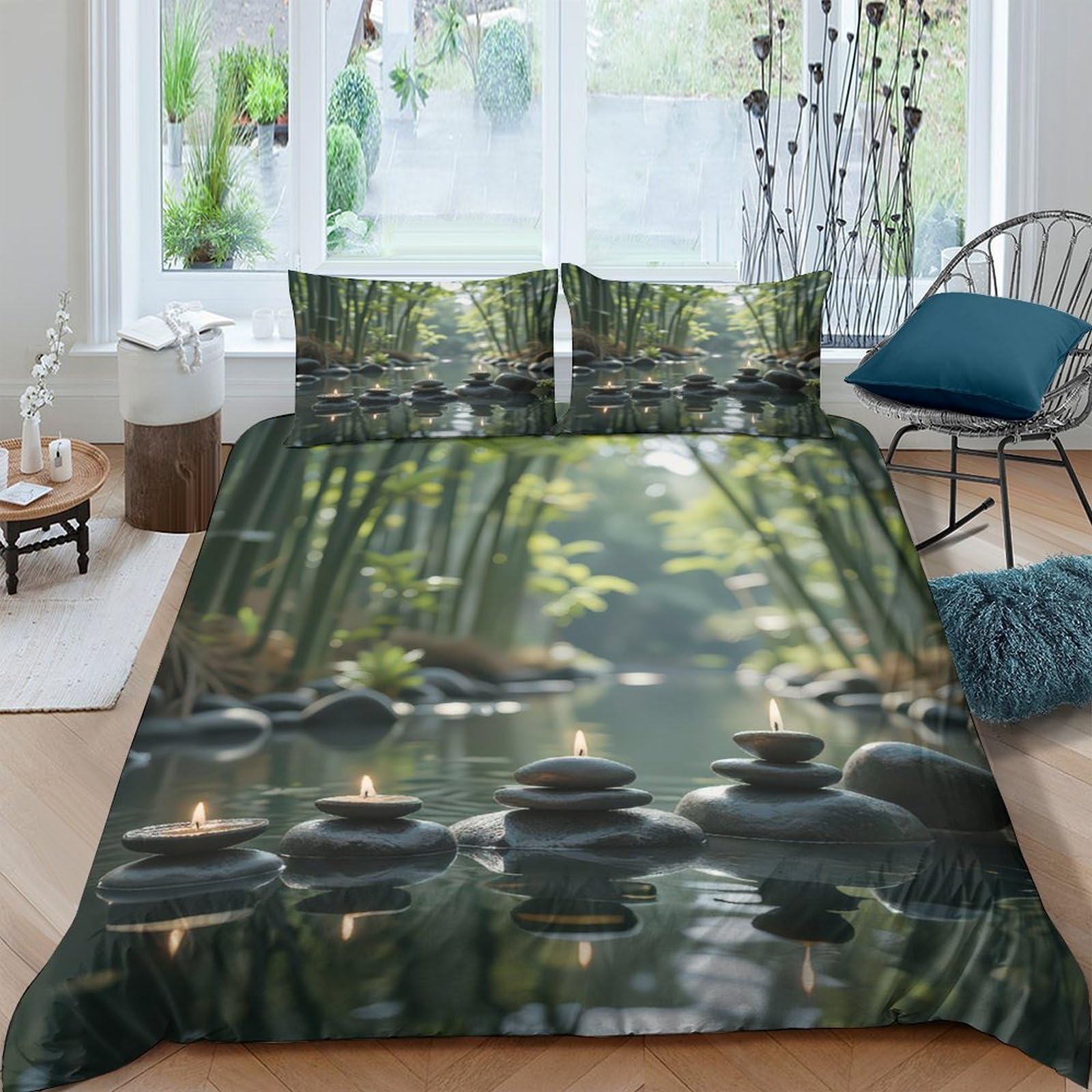 Ctjqhvkz Style-8 3D Printed Zen Bamboo Fitted Sheet Microfiber Soft Stones Candlelight Bed Cover For Bedroom Dorm Mattress Decor Single（135X200cm）