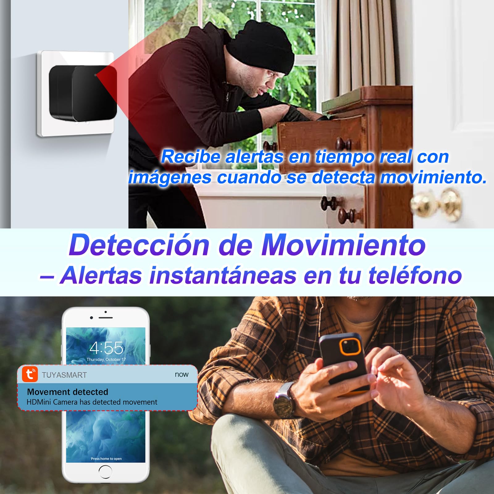 TANGMI Mini Camara Espia WiFi 2.4G y 5Ghz, 1080P HD & 100° Ángulo Camara Espia Invisible Camuflada con Detección de Movimiento y Alertas Instantáneas para Hogar y Oficina