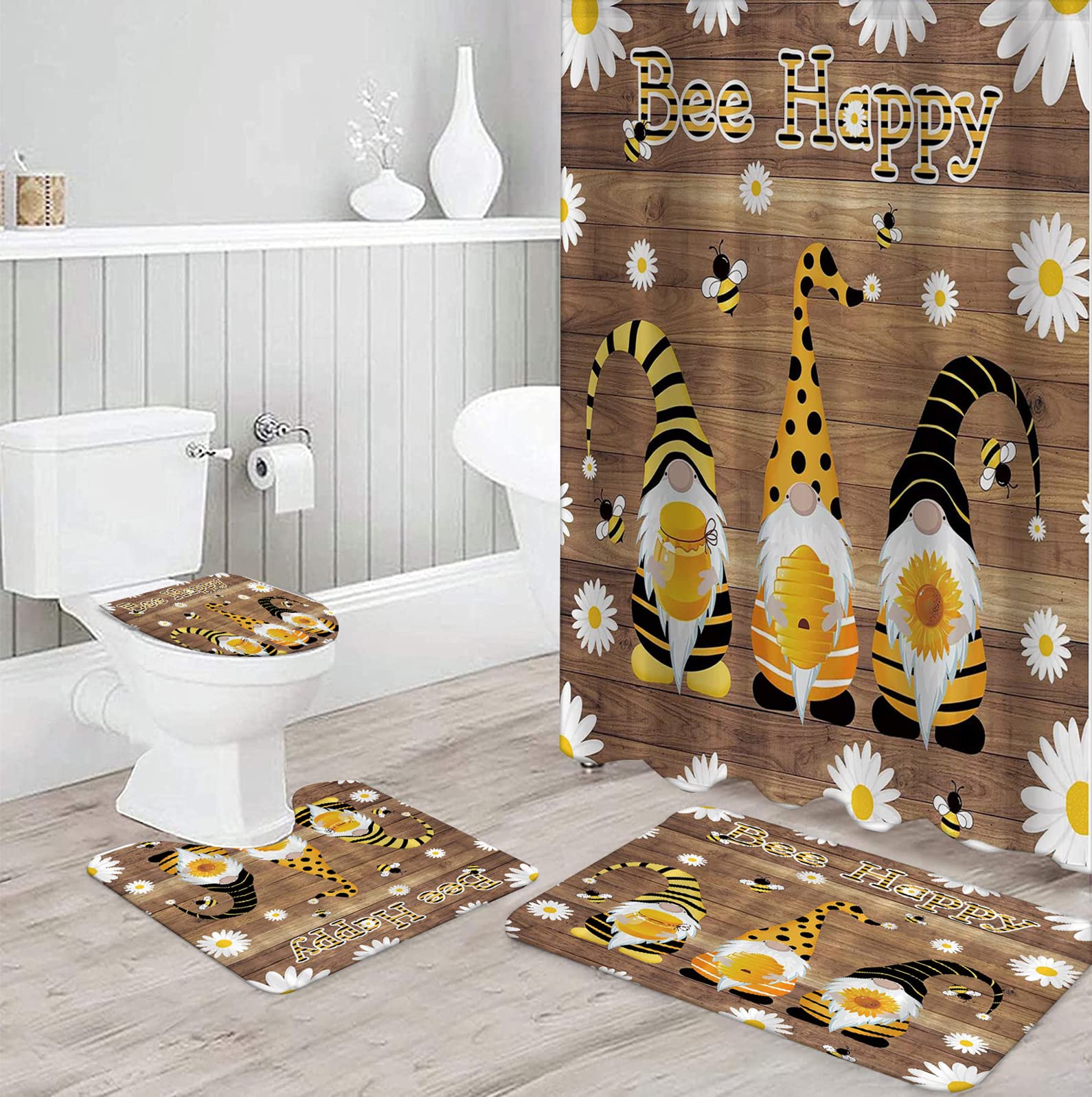 Déco Salle De Bain Noël Ensemble 4 Pièces - Housse WC, Tapis, Rideau Douche - Motif Bonhomme De Neige