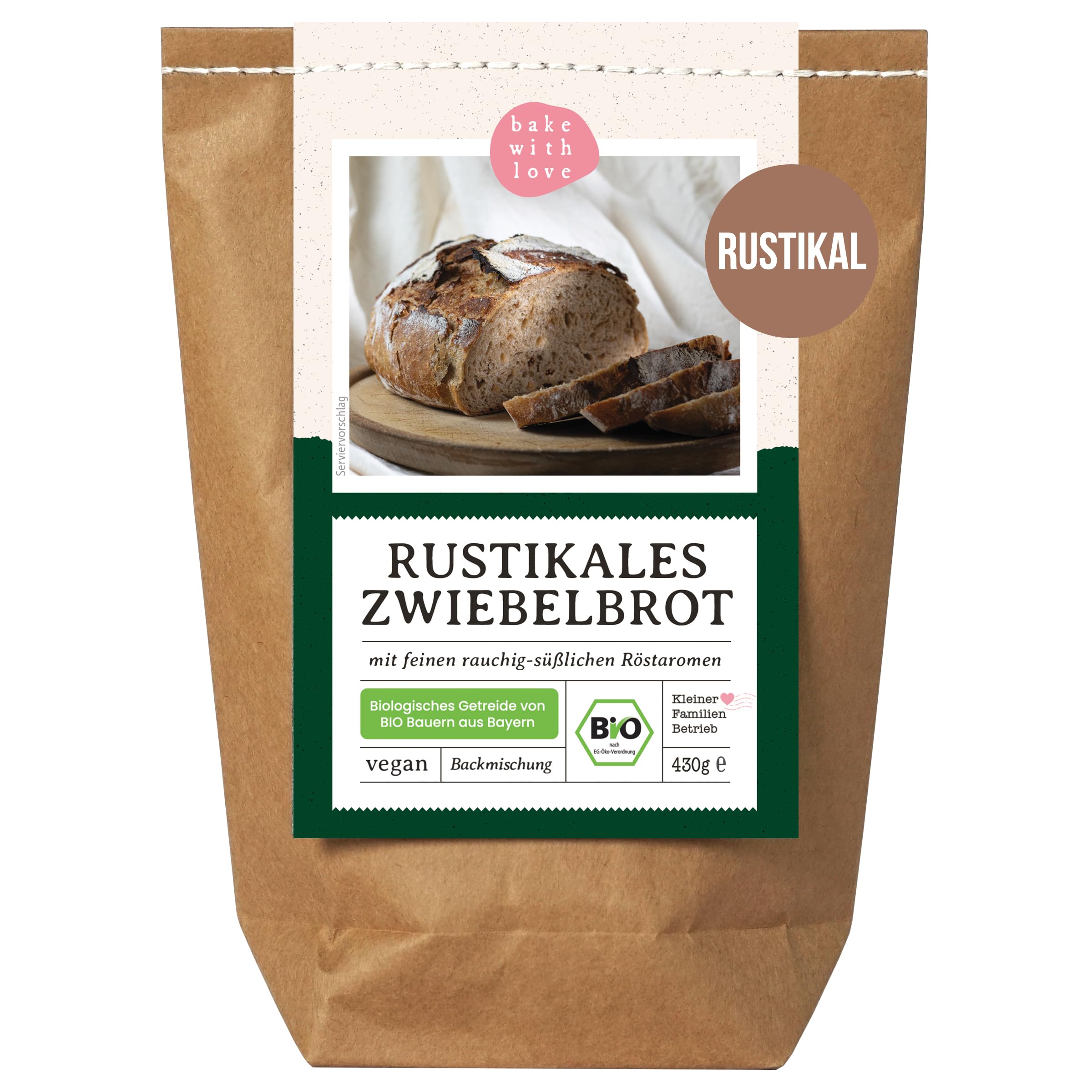 Bio Brotbackmischung Rustikales Zwiebelbrot – mit Röstzwiebeln – herzhaftes Bio Brot ideal für Grillen, Brotzeit & Ofen – auch für Brotbackautomat – Bake with Love – 10er Pack