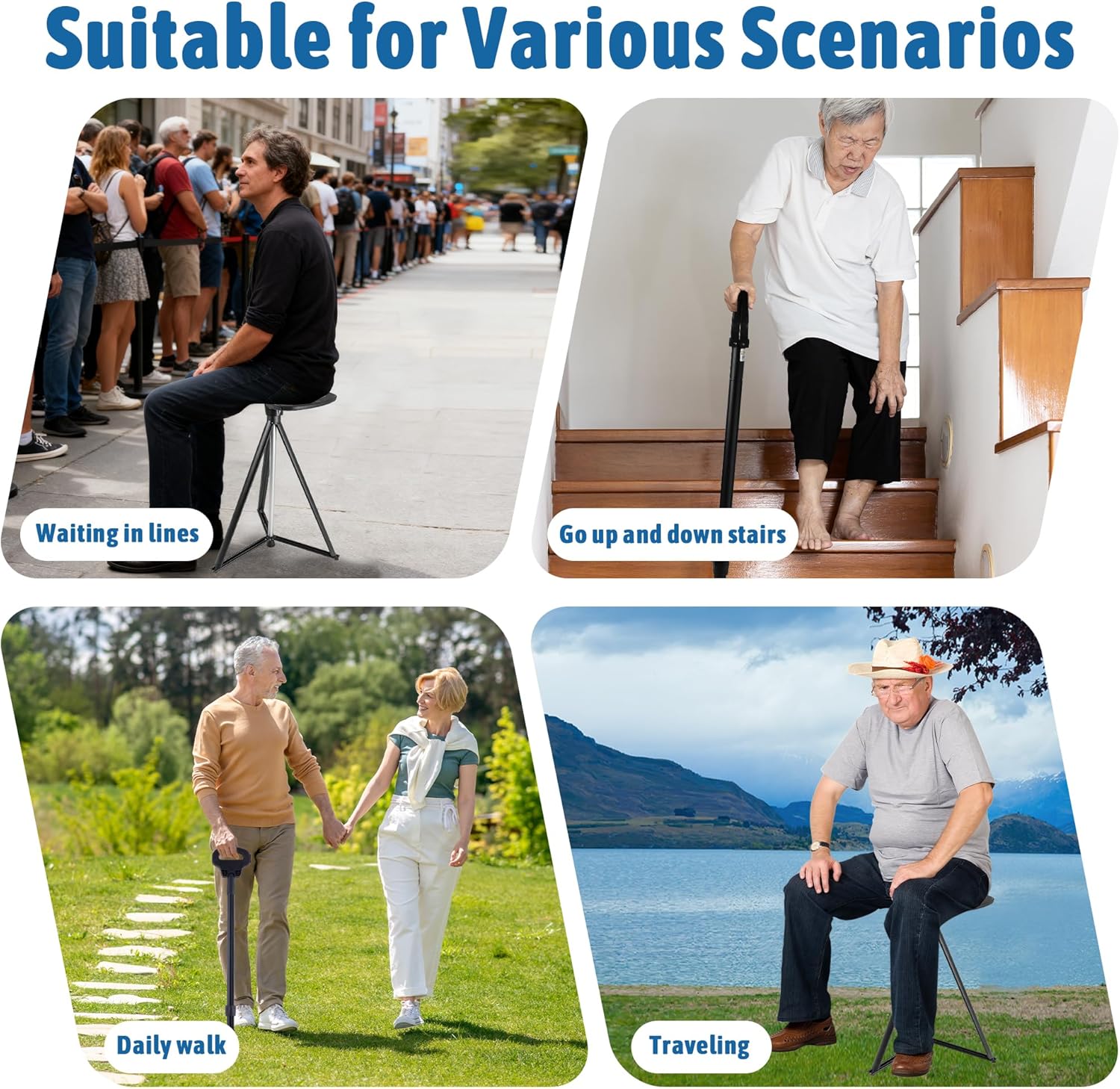 ALEVMOOM Walking Cane with Seat Folding Lightweight, 2-in-1 Cane Stool for Adults, Aluminum Walking Stick with Seat, Capacity 330lb Portable Stool for Senior, with Carry Bag-Black