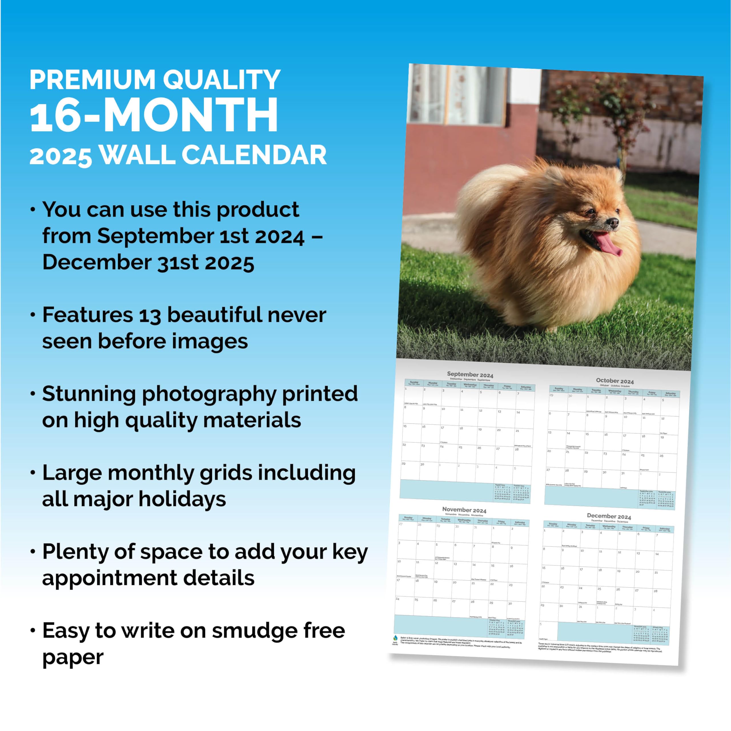 Baker and Bray Pomeranian Calendar 2026, Large Square Wall Calendar With Organisational Stickers, 16 Month - Image 3