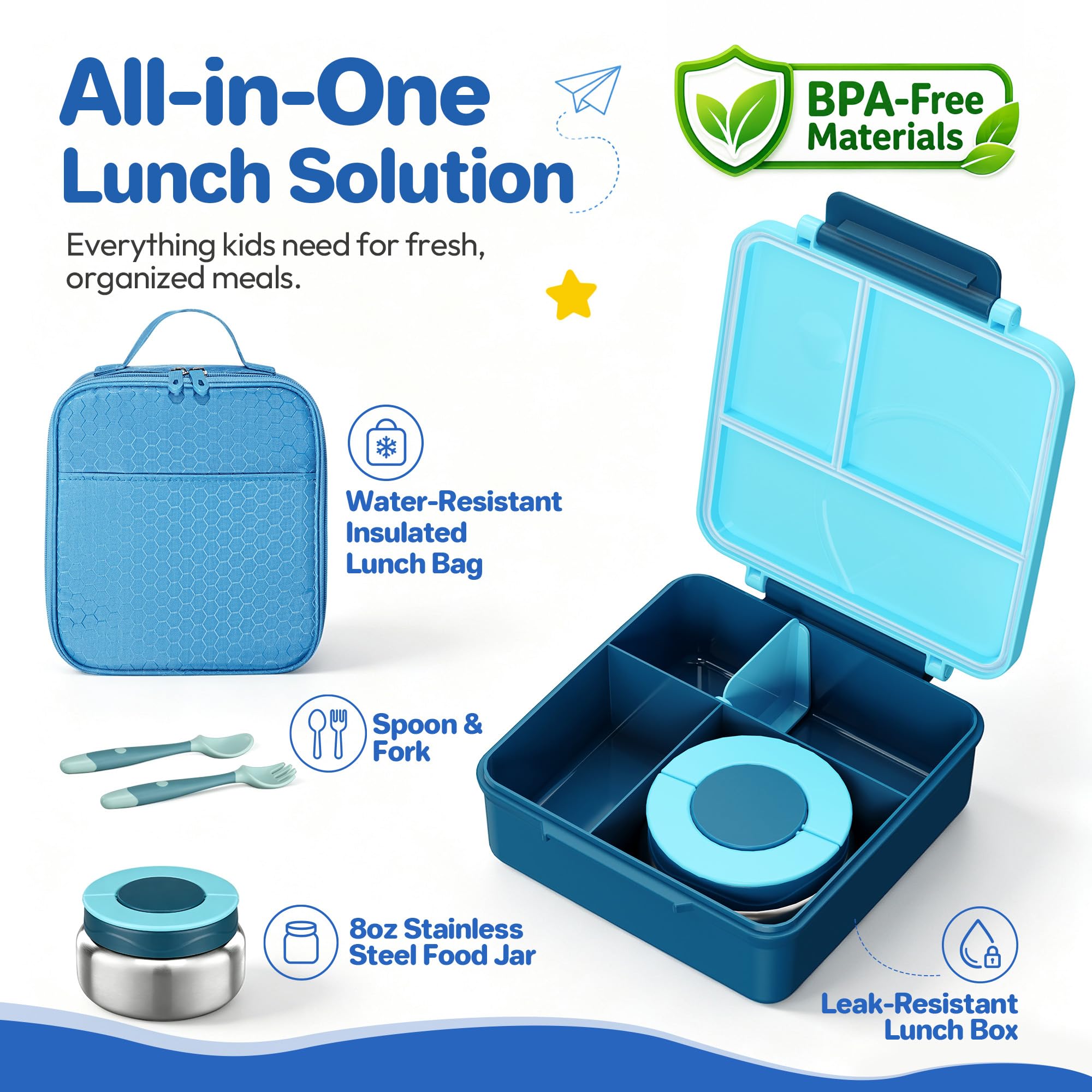 Howeemo Bento - Set di contenitori per il pranzo per bambini con thermos da 226,8 g, contenitori per il pranzo a prova di perdite con 4 scomparti, barattolo termico per alimenti caldi e borsa termica