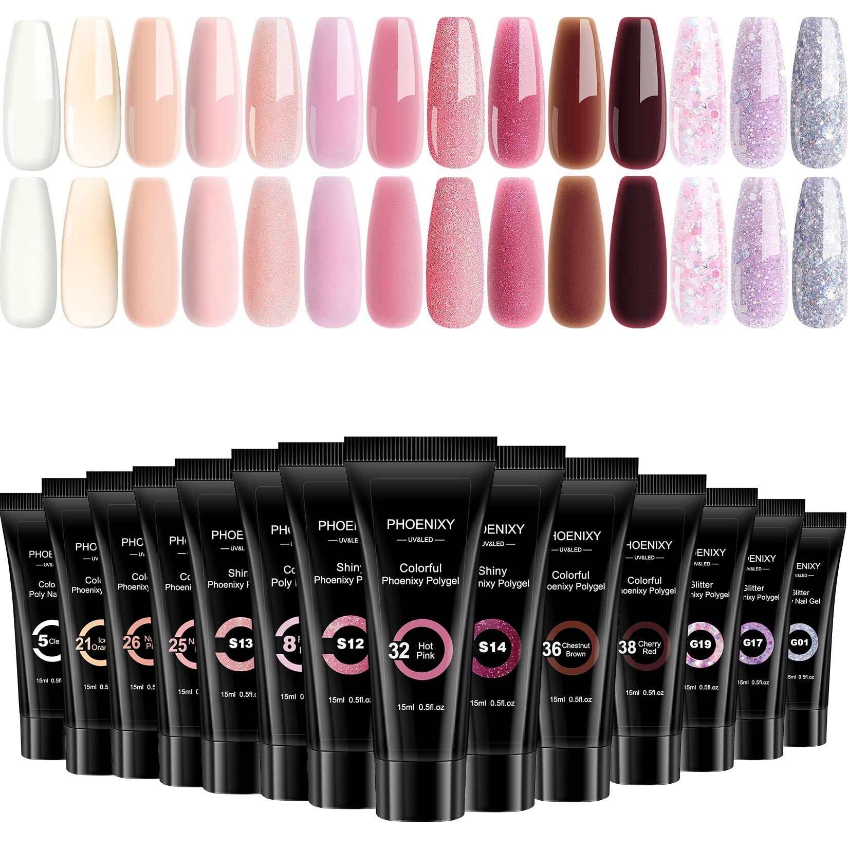 phoenixyPoly Nail Gel Kit, Poly Nail Gel Set 14 Colour 15ml Clear Nude Pink Builder Nail Gel Set Nail Extension Gel Basic Gifts Set for Women
