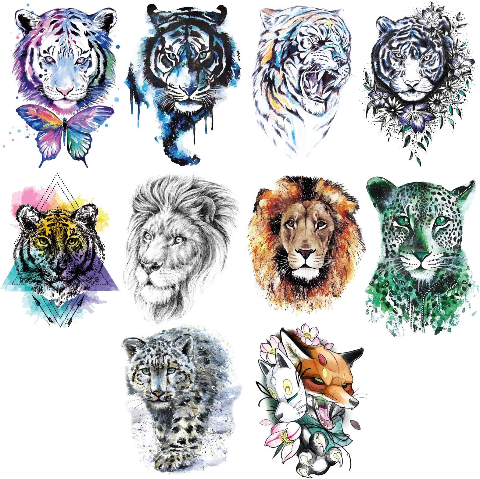 Ooopsiun 10 Sheets Large Tiger Temporary Tattoos For Men Kids, Cool Waterproof Body Fake Lion Tattoo Sticker for Men Women 3D Animals Large Arm Tattoos