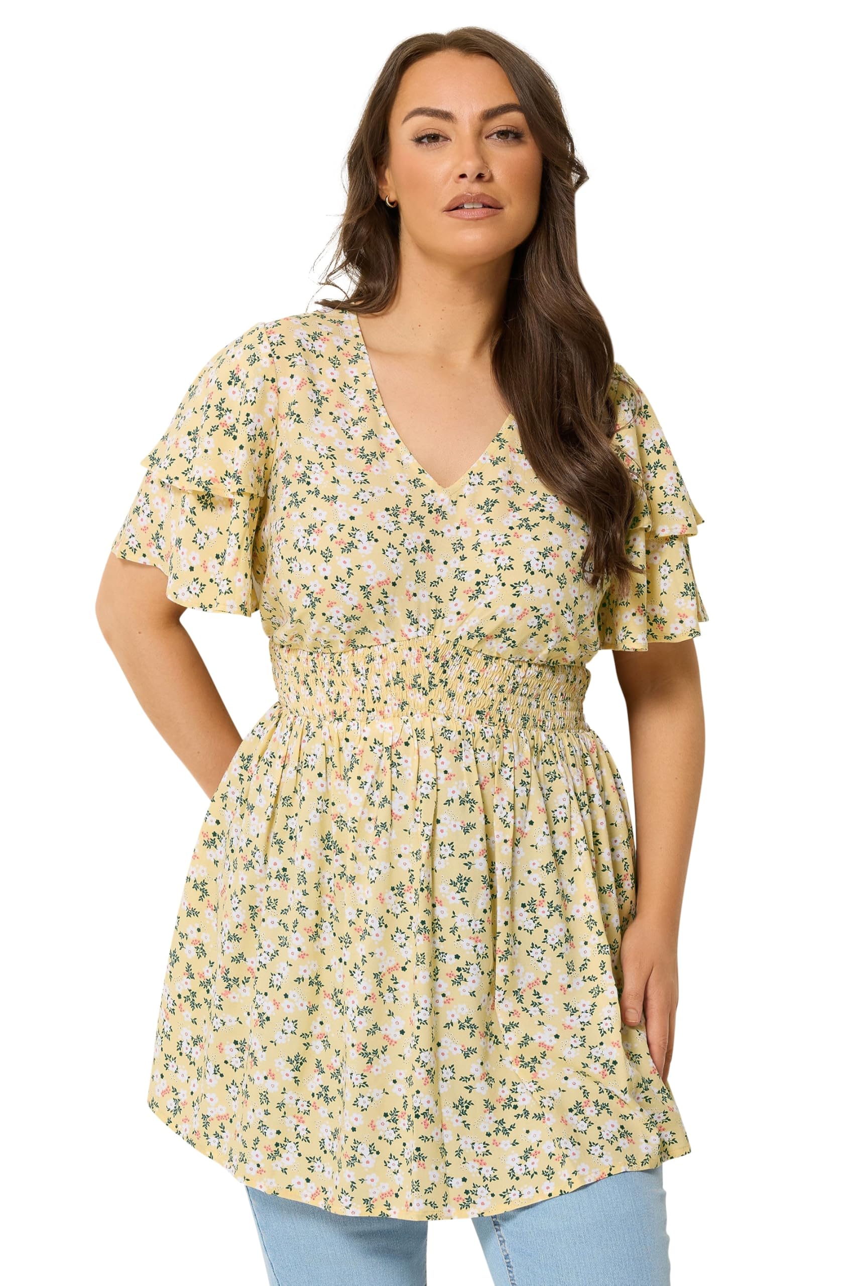Yours Curve Ditsy Floral Flutter Sleeve Top - Women's - Plus Size Curve