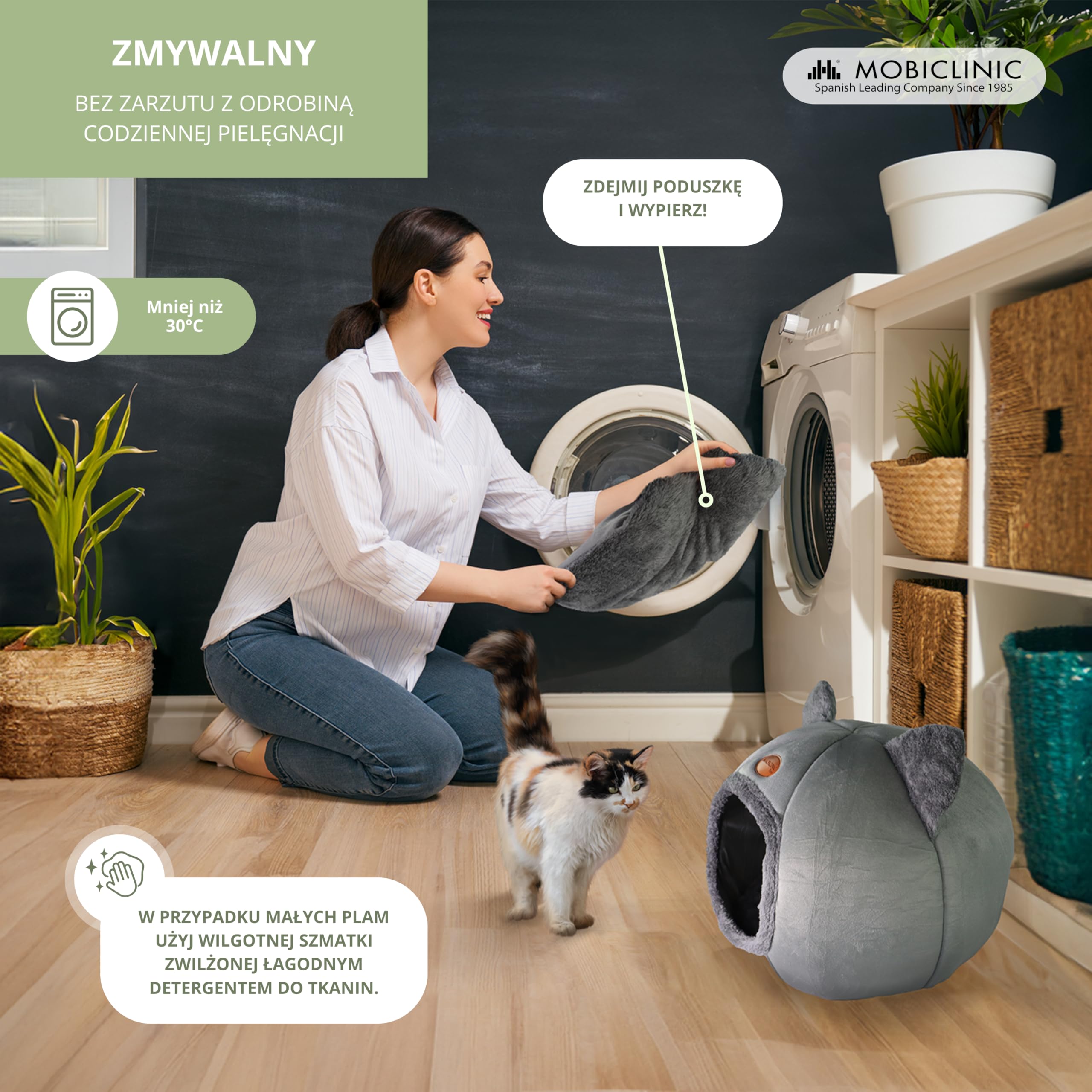 Mobiclinic® pets, Łóżko dla kotów, Jaskinia gniazdo, Hellocatty, Nadaje ę do prania w pralce, Łatwe złżenia i przechowywania, Antypoślizgowe, Wygodna wyjmowana, Gąbka 25d