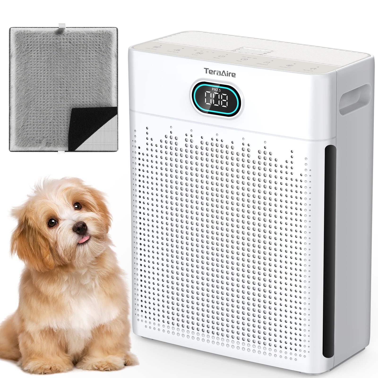 Purificadores de aire para el hogar de hasta 2200 pies cuadrados, purificador de aire HEPA con prefiltro lavable, modo mascota, monitor de calidad del aire PM 2.5, esponja de fragancia para humo, olor