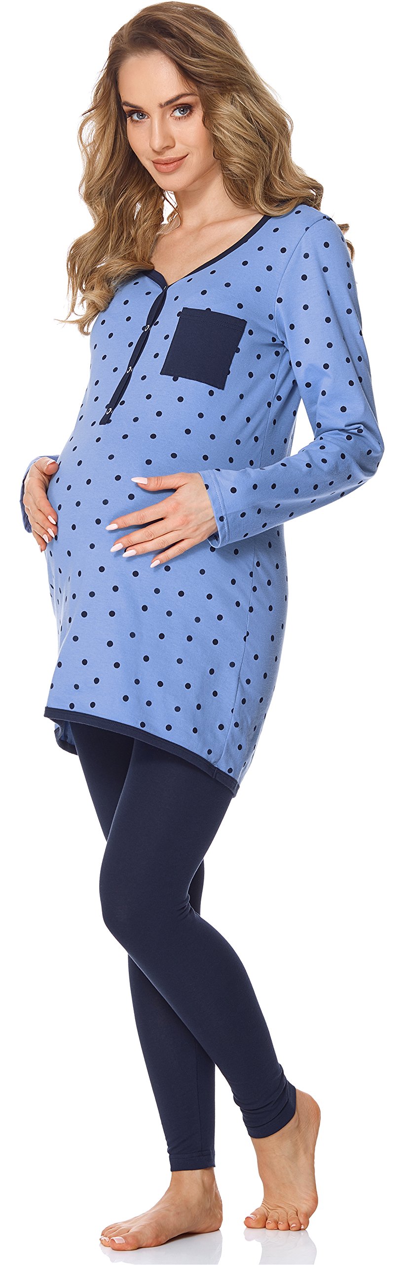 Bellivalini Damen Umstands Pyjama mit Stillfunktion BLV50-125 (Blau Punkte/Marineblau, XL)