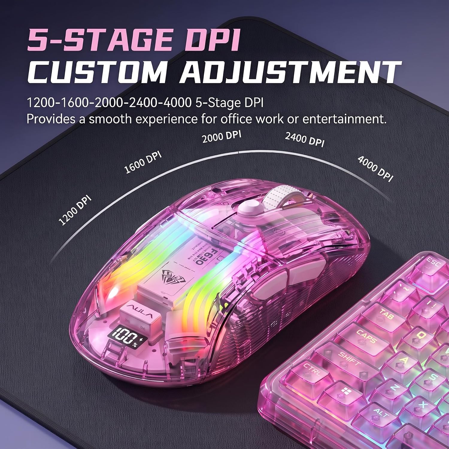 Cute Transparent Mouse, Tri-Mode Wireless, RGB Charging Dock, Pink image 4