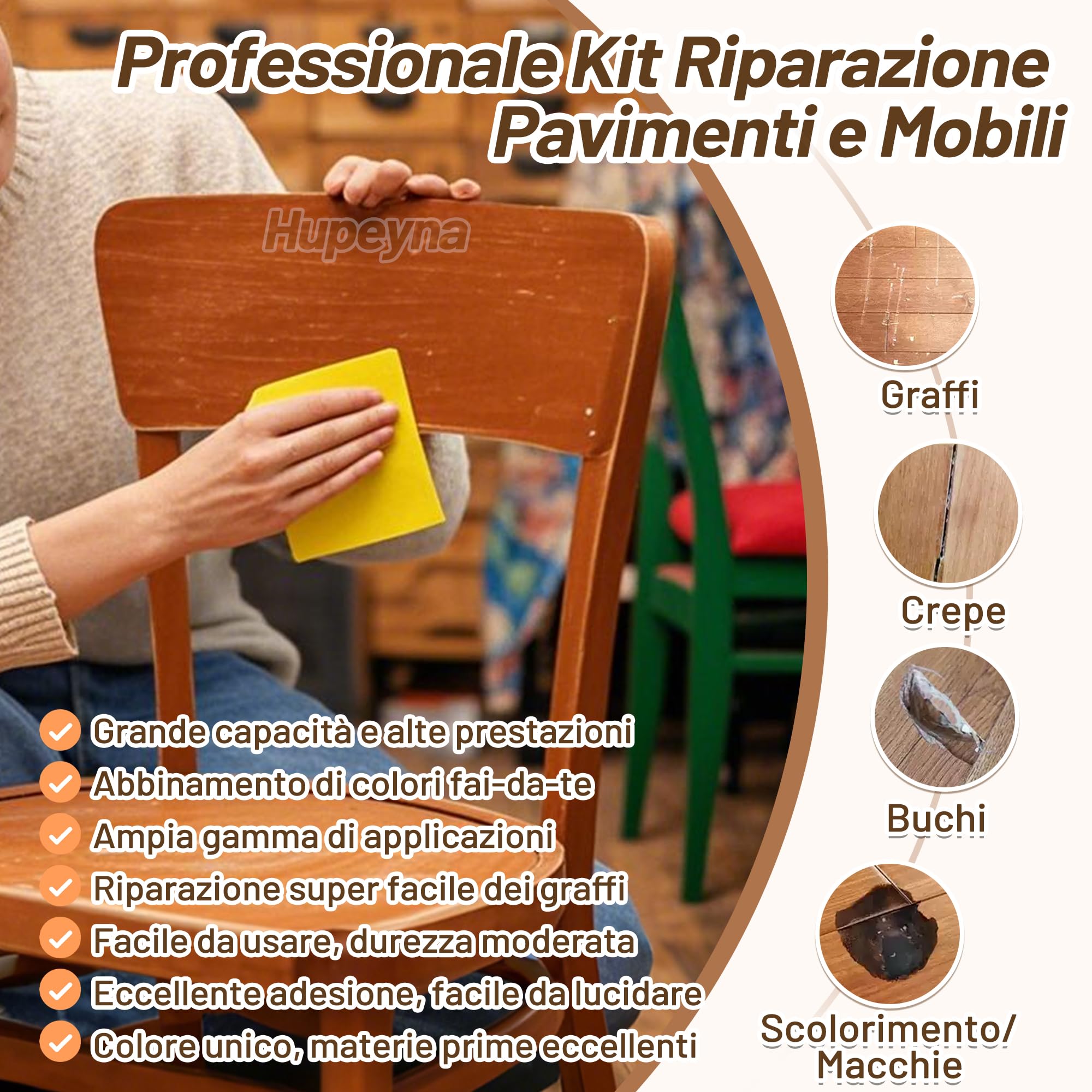 Kit di Riparazione per Legno, Grande Capacità Kit di Riparazione per Mobili in Legno, Stucco per Legno - Riparare di Graffi, Crepe, Buchi, Scolorimento per Pavimenti, Riparazione Legno Mobili