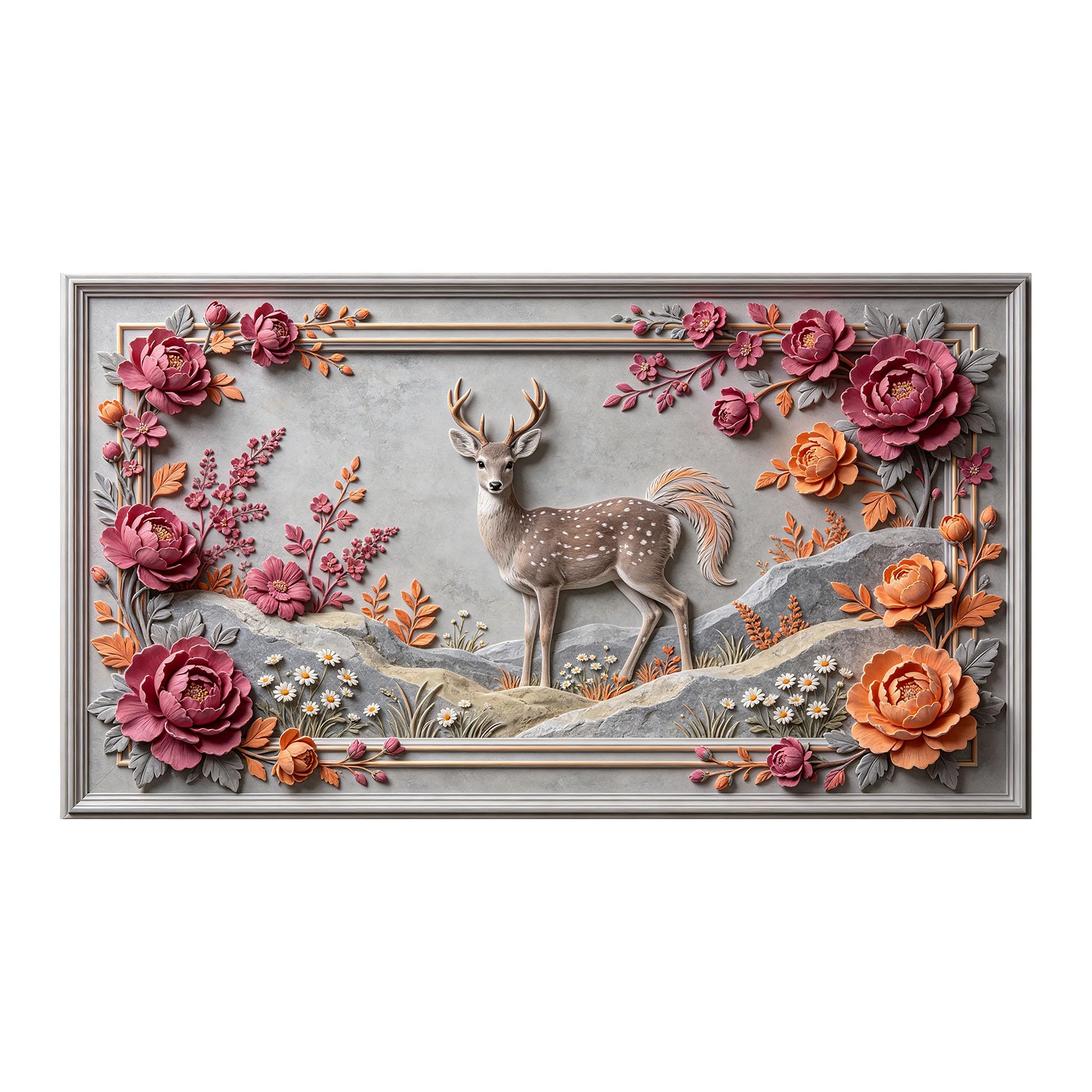 Yzpallescene 3D 3D Framed Wall Art 50cm×90cm Deer Floral Landscape Relief Effect Large Size SelfAdhesive Removable Wall Decor Prints Artwork for Living Room Bedroom Office