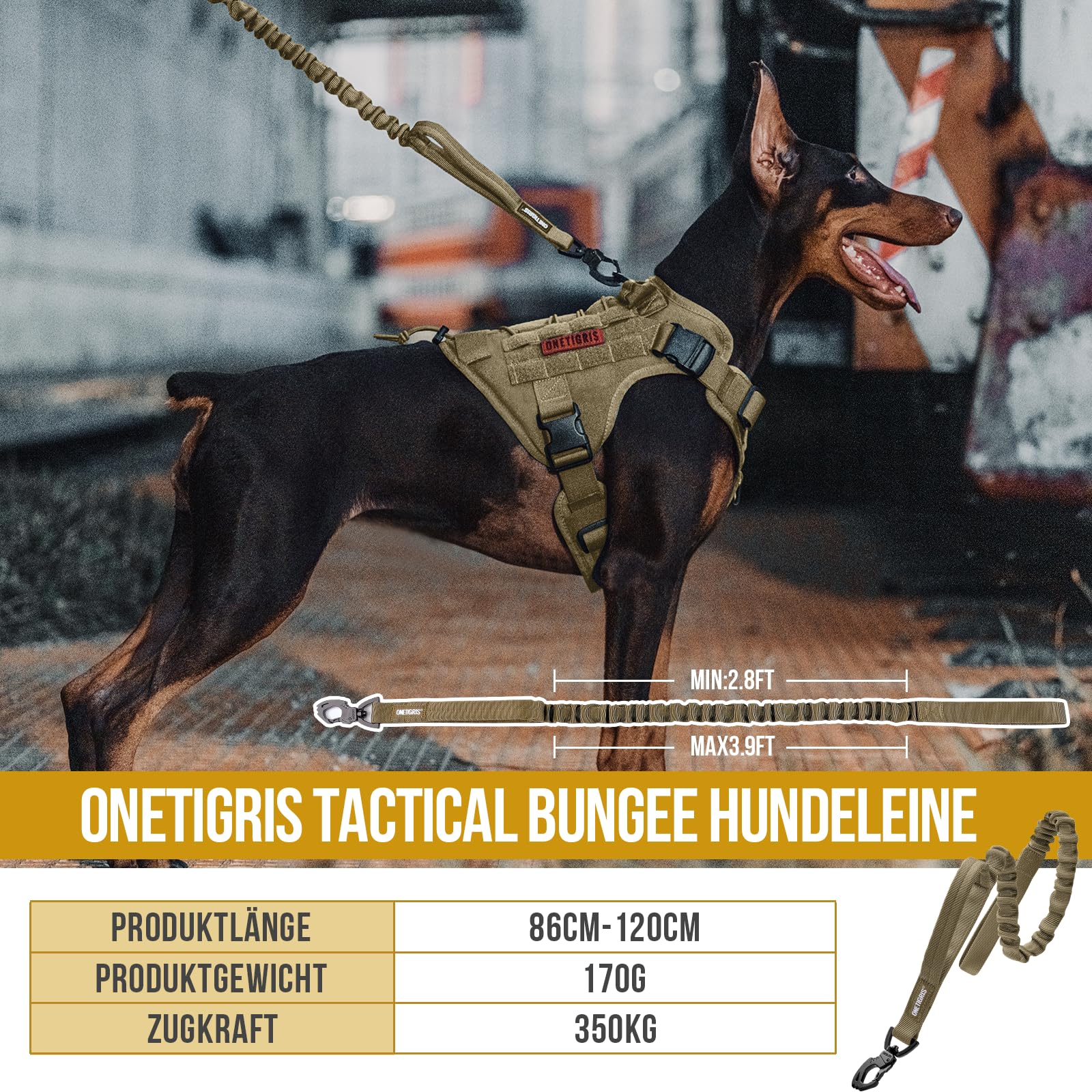 OneTigris Guinzaglio per cani caricato a molla, 86 cm – 120 cm, in nylon, con clip in metallo e 2 morbide imbottiture, lunghezza – marrone
