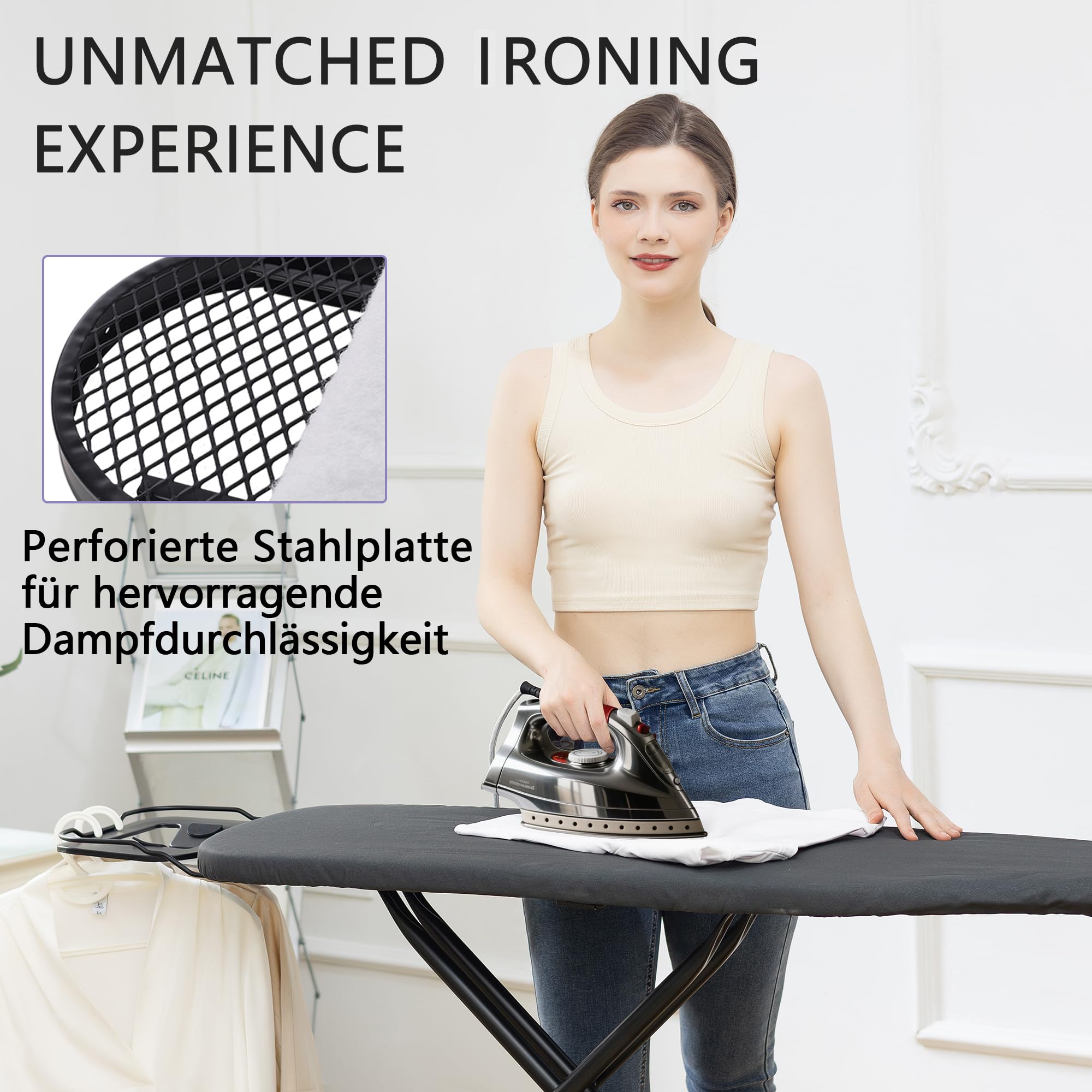 Bügelbrett Aoufottes ist höhenverstellbar, Bügeltisch für Dampfbügeleisen,Ironing Board, Dampfbügeltisch mit Zwei Seiten Bügeleffekt, 120x38cm Schwarz