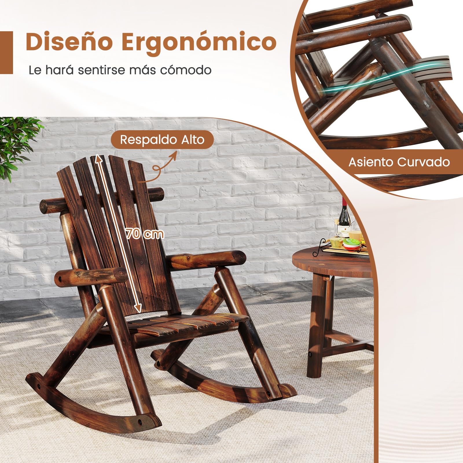 COSTWAY Silla Mecedora Adirondack para Adultos, Mecedora Madera Maciza con Respaldo Alto y Asiento de Listones, Sillon Jardin Balcón Terraza Exterior, 91 x 69 x 97 cm, Carga 150kg