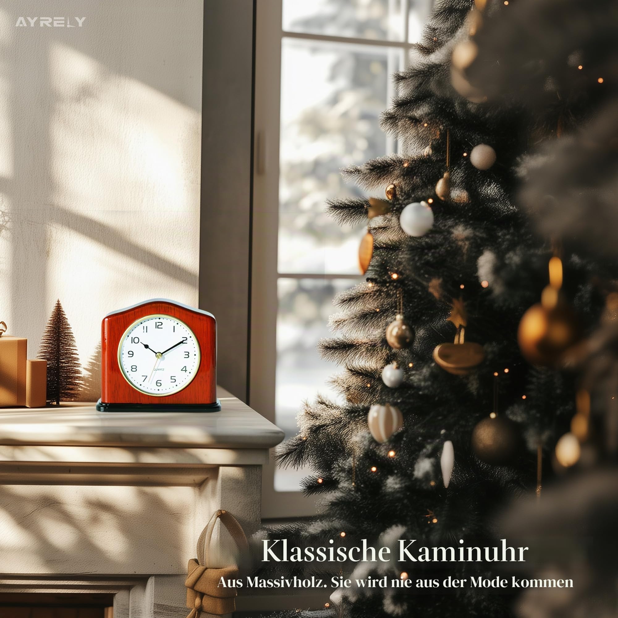 AYRELY® Kaminuhr aus Holz – Handgefertigte Tischuhr Vintage mit lautlosem Quarzwerk und Klavierlack-Optik, Elegante Standuhr für Wohnzimmer, Schlafzimmer, Büro oder als Geschenk