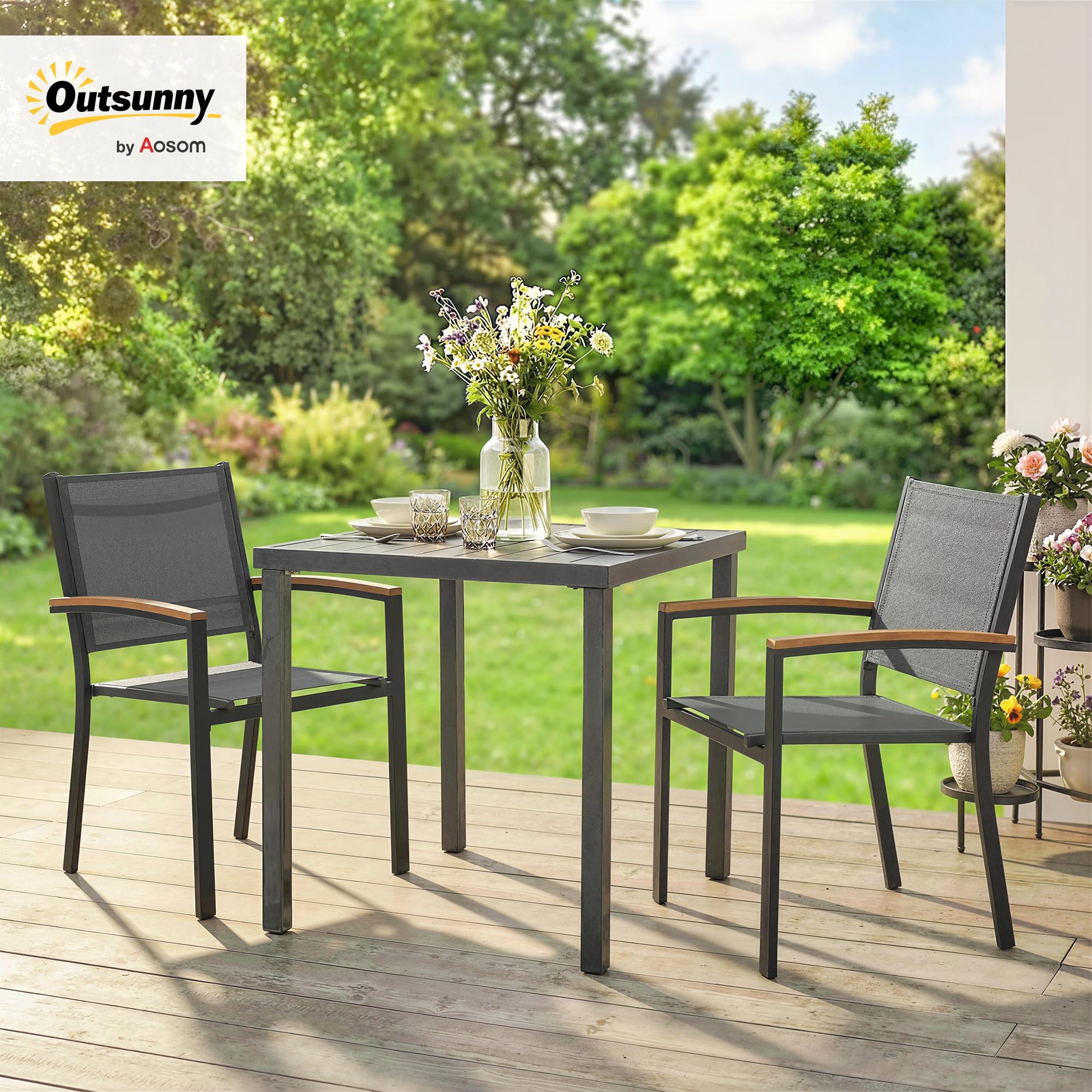Outsunny Set 2 Sedie da Giardino Impilabili in Texteline e Metallo, con Braccioli Effetto Legno, 56x62x89 cm, Grigio