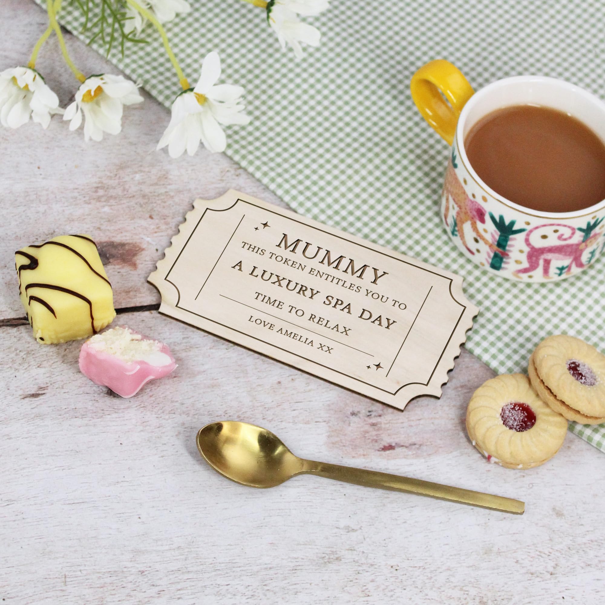 eBuyGB Personalised Wooden Ticket, Birch Plywood Gift Voucher, This Token Entitles You To, Surprise Gift Reveal for Mum, Grandma Birthday, Day Off Token, Weekend Away, Afternoon Tea, Spa Day