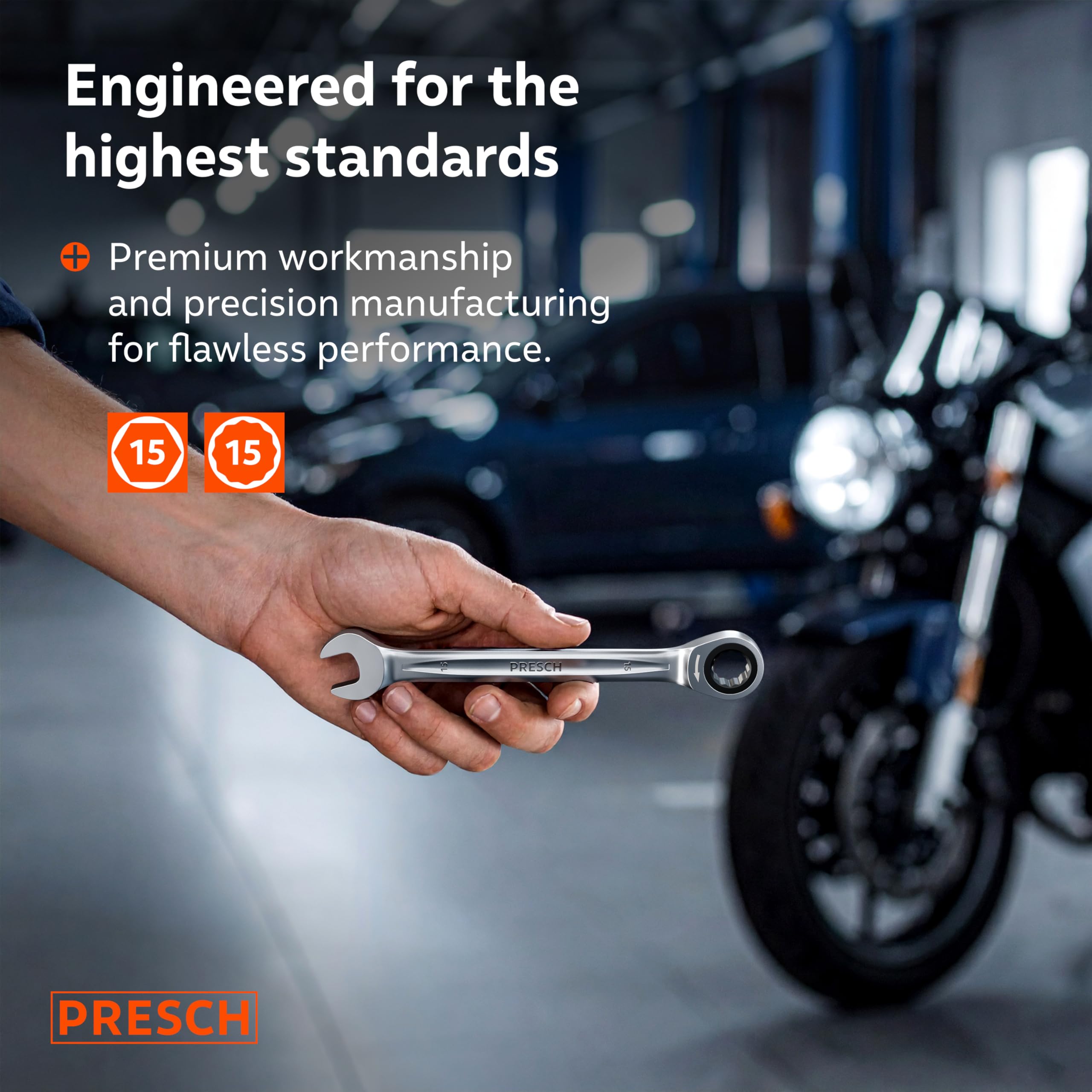 PRESCH Ratchet Spanner 15mm, Minimal Return Angle (4°, 90 Teeth), 15° Offset for Tight Spaces, Precision-machined - Image 2