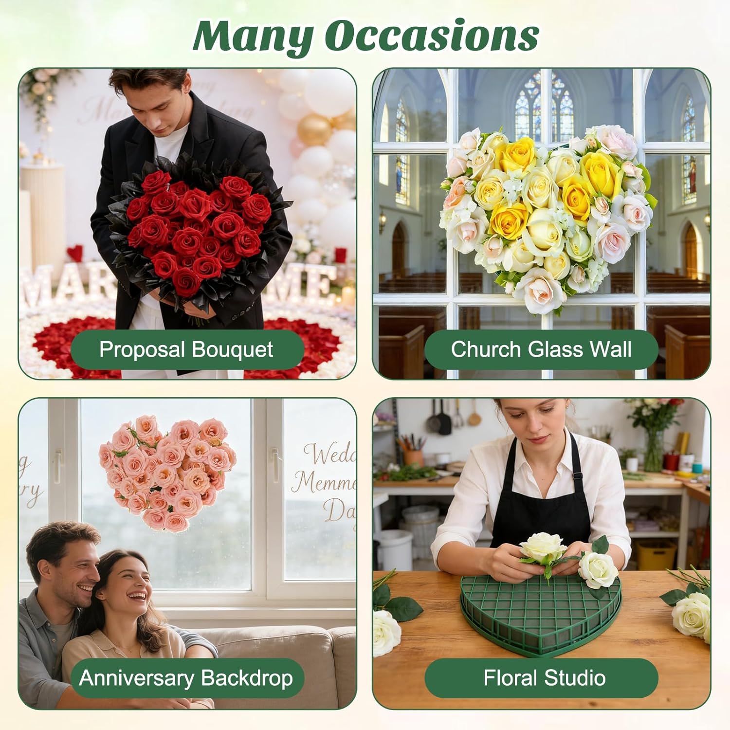 STOBOK Floral Foam Hearts, Heart Shaped Floral Foam Cage with 5 Suction Cups Base for Fresh or Artificial Flowers, Wedding Valentine Centerpieces, DIY Car Decor (Green, 12.2 x 11.4 in)