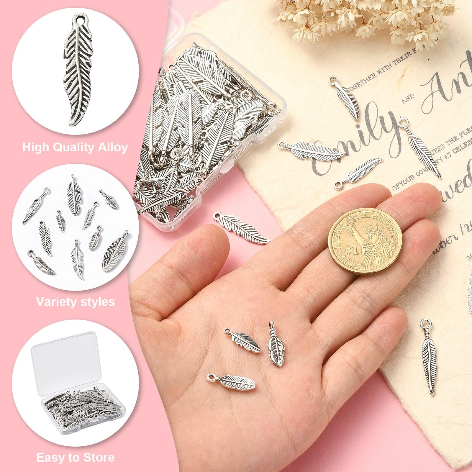 Stiesy 100Pcs Feather Charms Pendants - Image 4