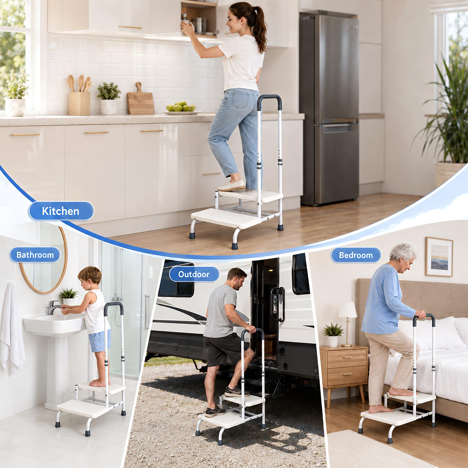 Taburete con asa, 2 niveles, ayuda para entrar en la bañera, antideslizante, hasta 200 kg, nivel de bañera estable para personas mayores y discapacitados, superficie antideslizante para baño, cama y