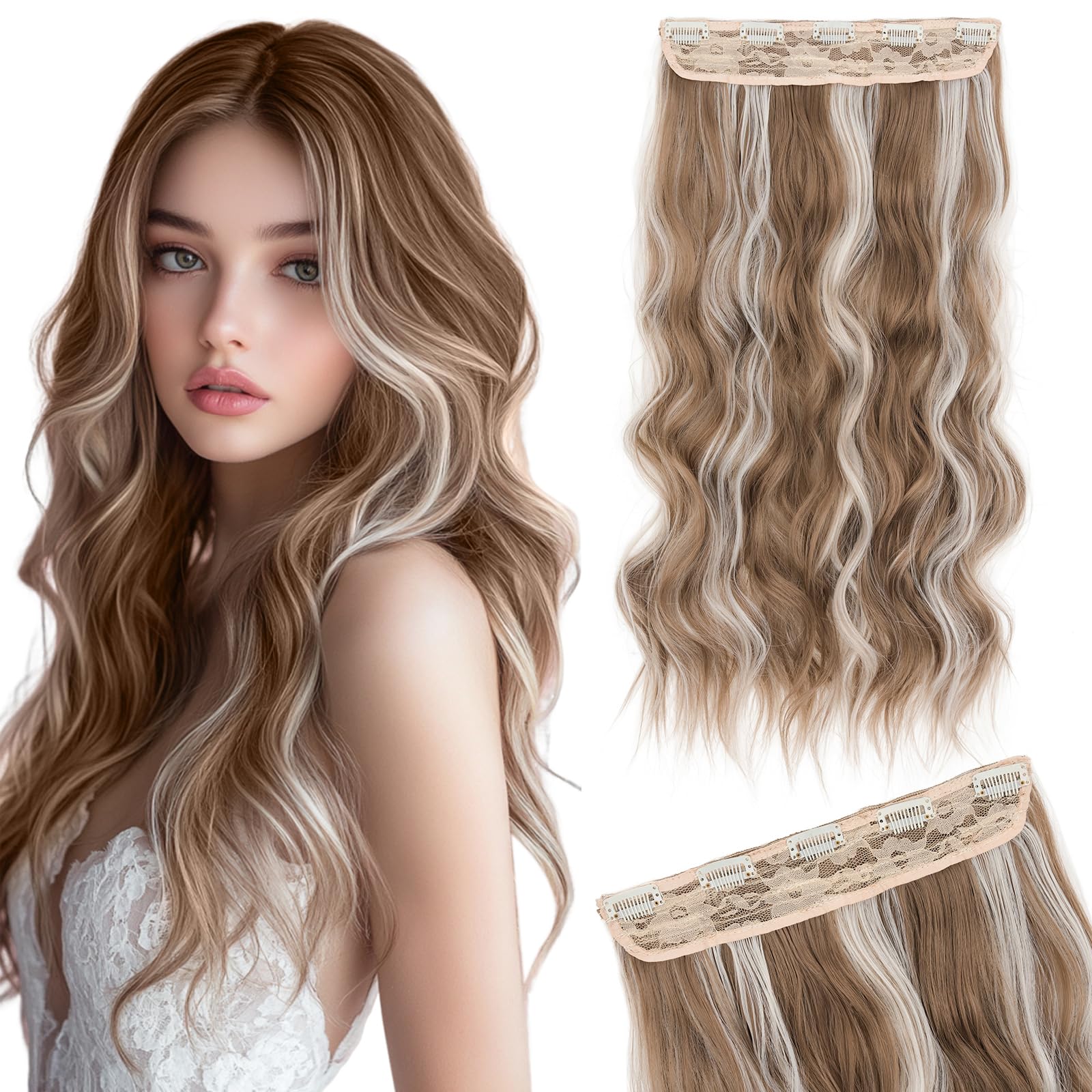 Silk-co One Piece Clip In Hair Extensions Curly 150g Hair Extensions Clip in Hairpieces 5 Clips Wavy Curly Synthetic 3/4 Half Full Head for Laides and Women 20Inch-50cm Medium Brown mix White Blonde