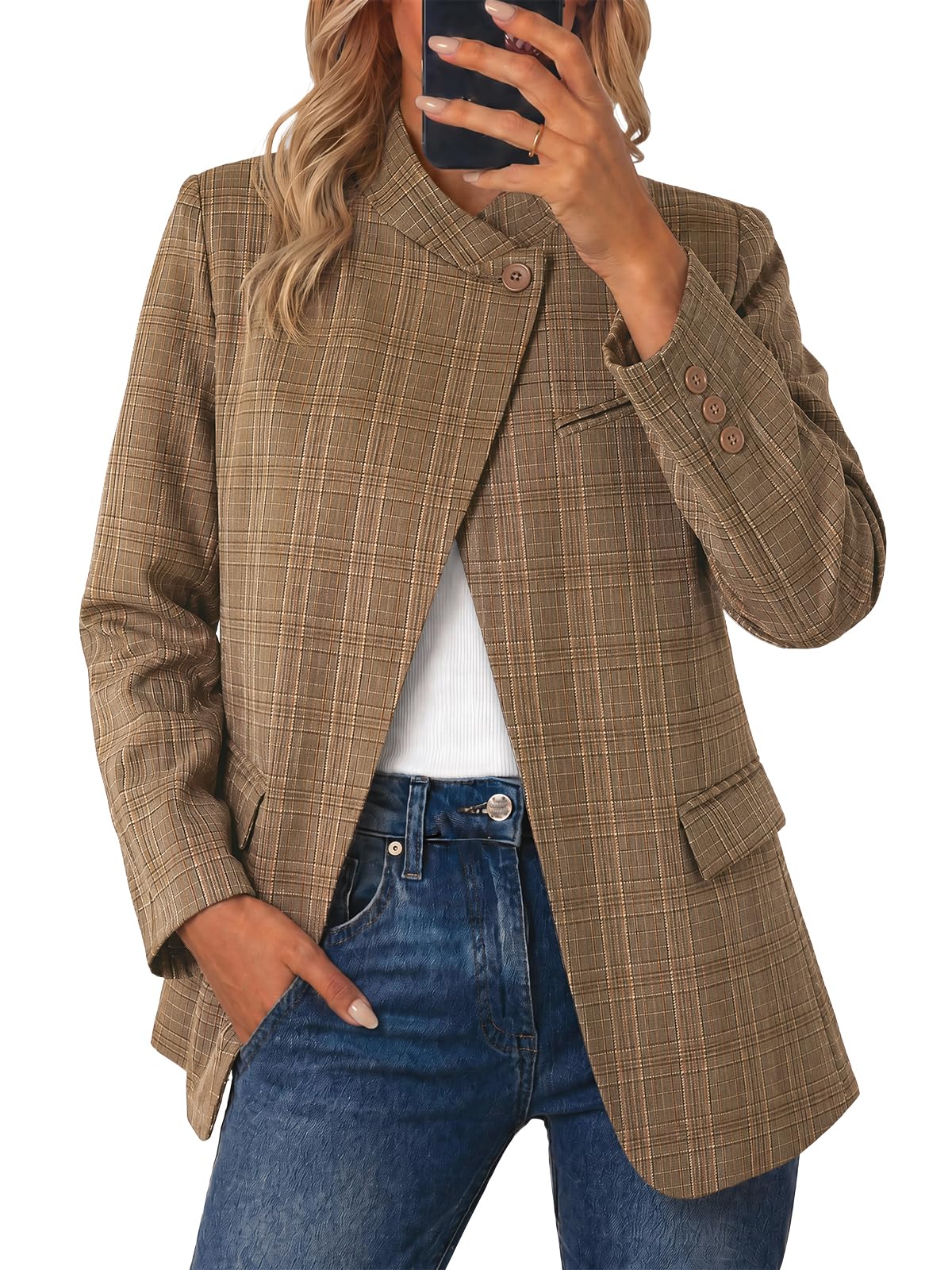 Cicy Bell Women Plaid Blazer Business Stand Collar Open Front Suit Jacket | One Button, Casual Trendy, Work Office, Fall Spring Suit Blazer, Long Sleeve Button Cuff, Front Flap Pockets, Back Split