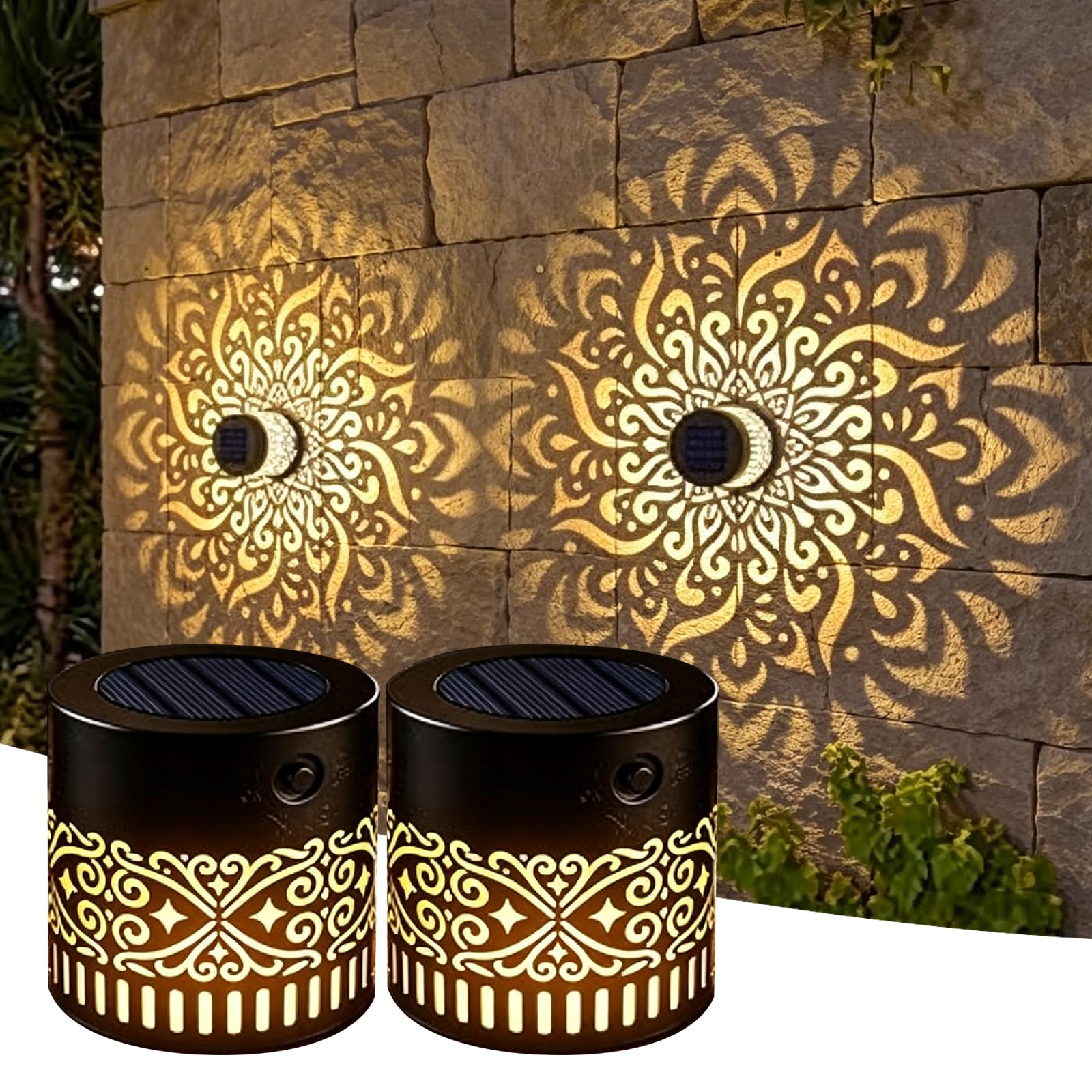 RUTYAUB Solar Fence Lights Outdoor, Mandala Solar Wall Lights, IP55 Waterproof Metal Hollowed Out Projection Decorative Light, Dusk to Dawn Fence Solar Lights for Garden Patio Yard Pathway (2pcs)