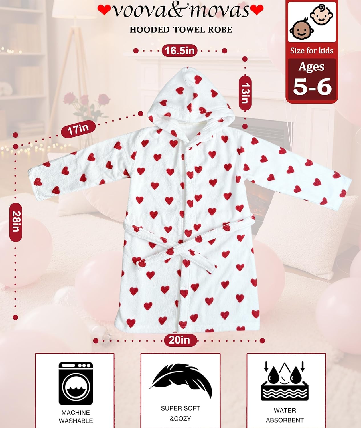 VOOVA & MOVAS Hooded Towel Robe for Girls 5-6Years,Slim Fit,Premium 100% Cotton, Super Soft Absorbent Bathrobe,Love Heart Pattern