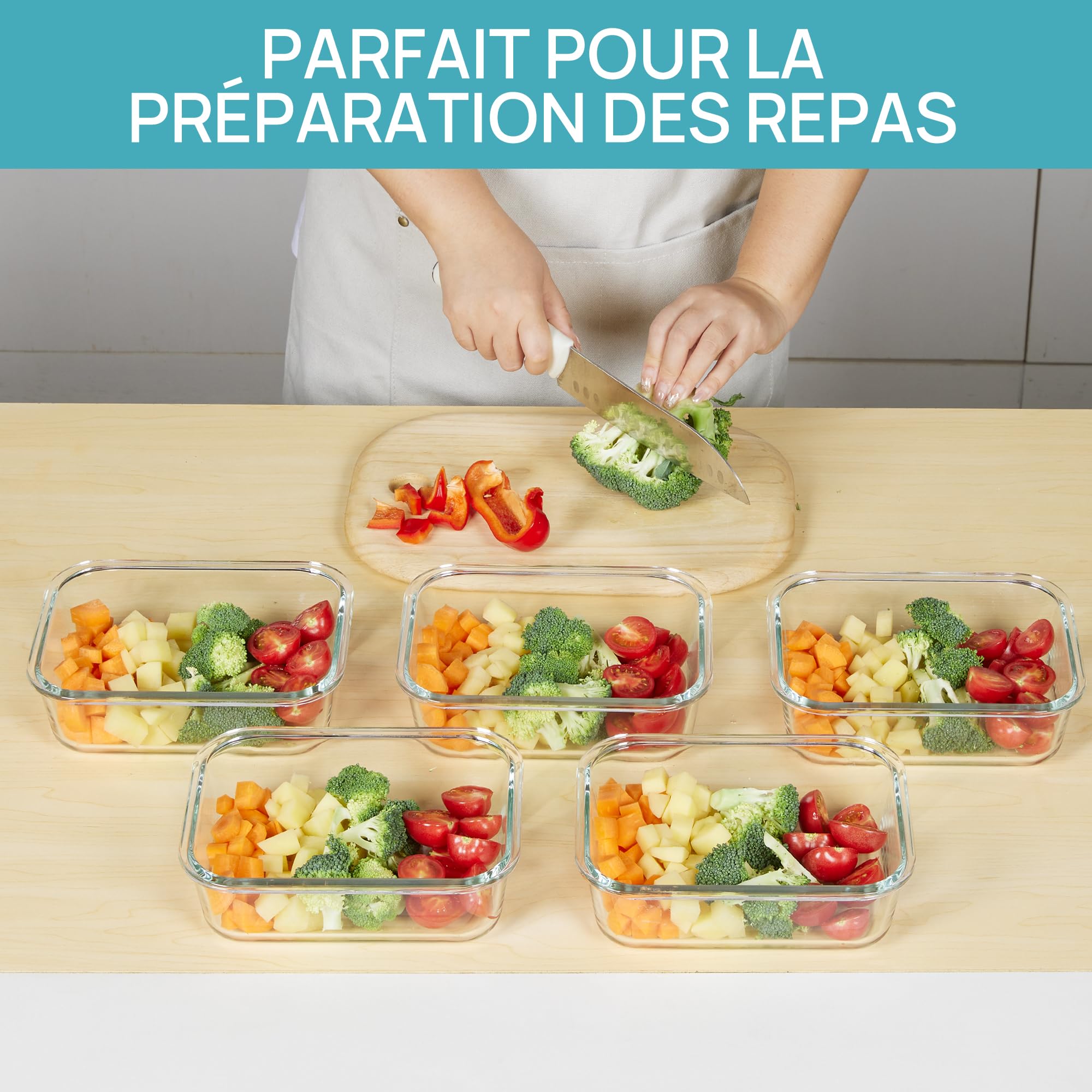 Vtopmart Lot de 5 Lunch Box Verre, 1035ml Boite Alimentaire Verre avec Couvercle, Meal Prep Containers, Hermétique Et Réutilisable, Compatible Four, Micro-Ondes, Congélateur Et Lave-Vaisselle