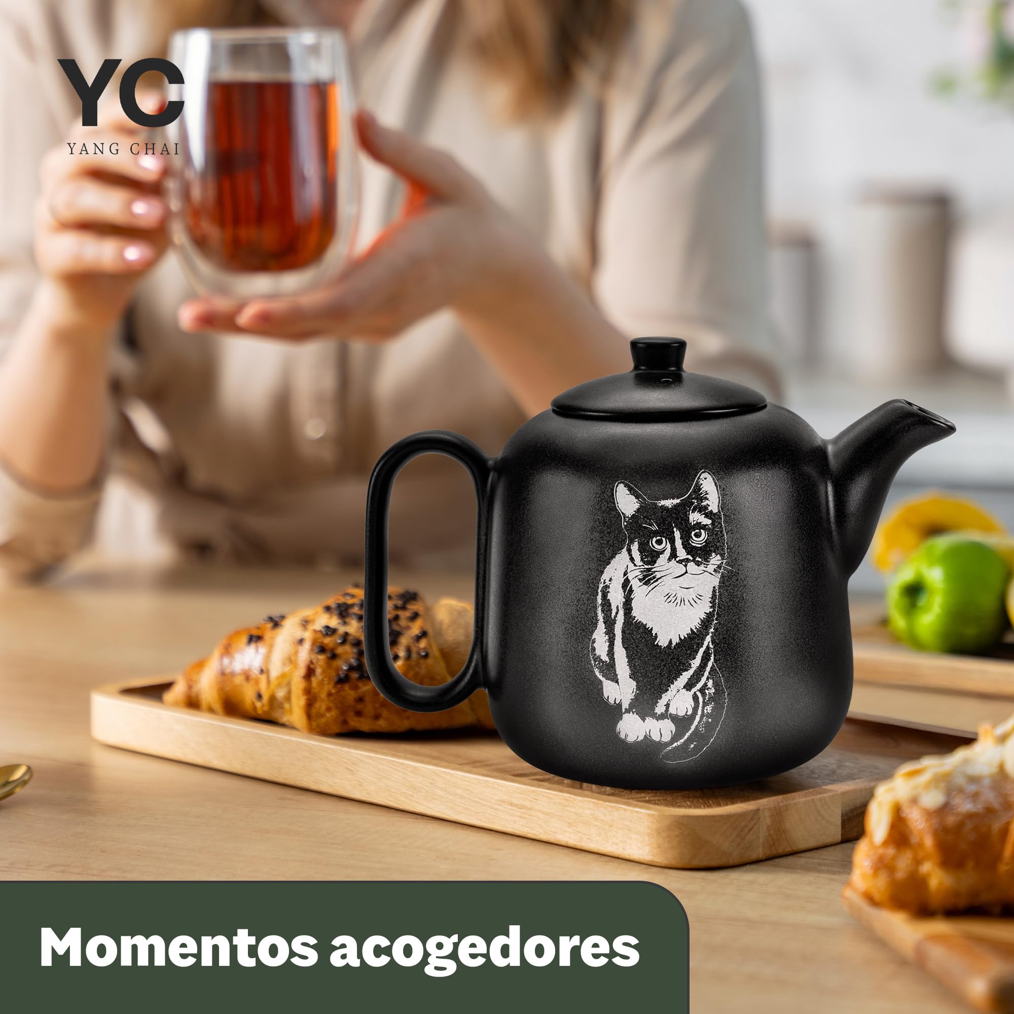 YC Yang Chai Tetera con filtro (1,3 L) – Tetera de cerámica con colador de acero inoxidable 304 – Tetera de cerámica hecha a mano – No gotea y resistente al calor – Accesorios para té suelto