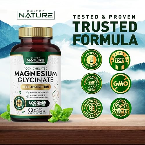 Miniatura 8 de Built By Nature Glicinato de magnesio 1000 mg - Suplemento de magnesio de alta absorción - 100% quelado, suave para el estómago - Soporte muscular,