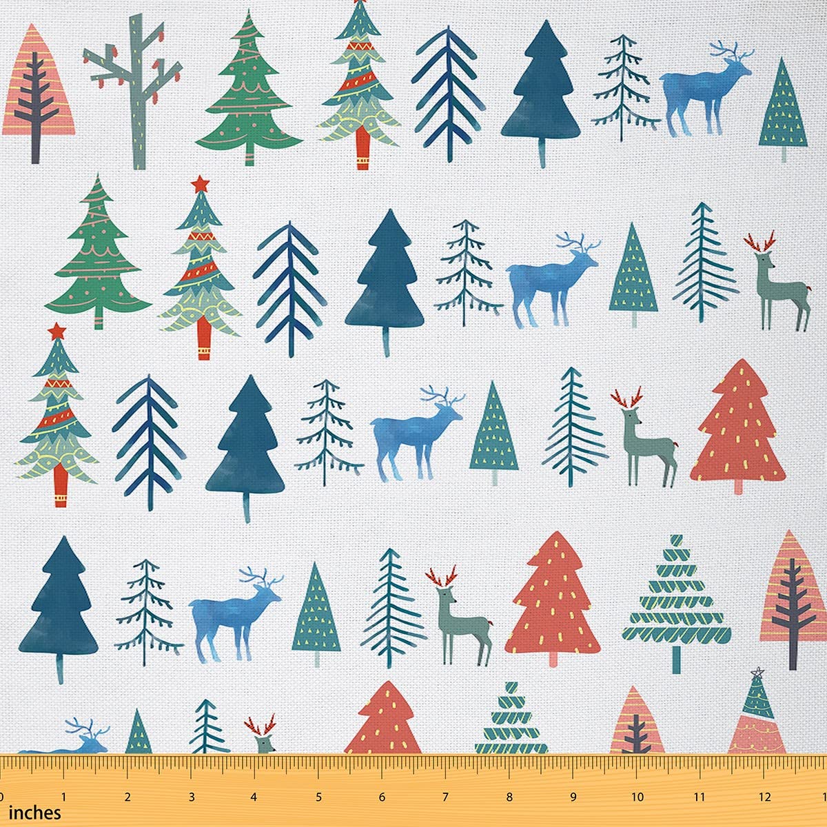 Merry Christmas Decorative Fabric by The Yard,Xmas Tree Deer Pattern Fabric for Upholstery and Home DIY Projects,Cartoon Nature Graffiti Outdoor Fabric,1 Yard