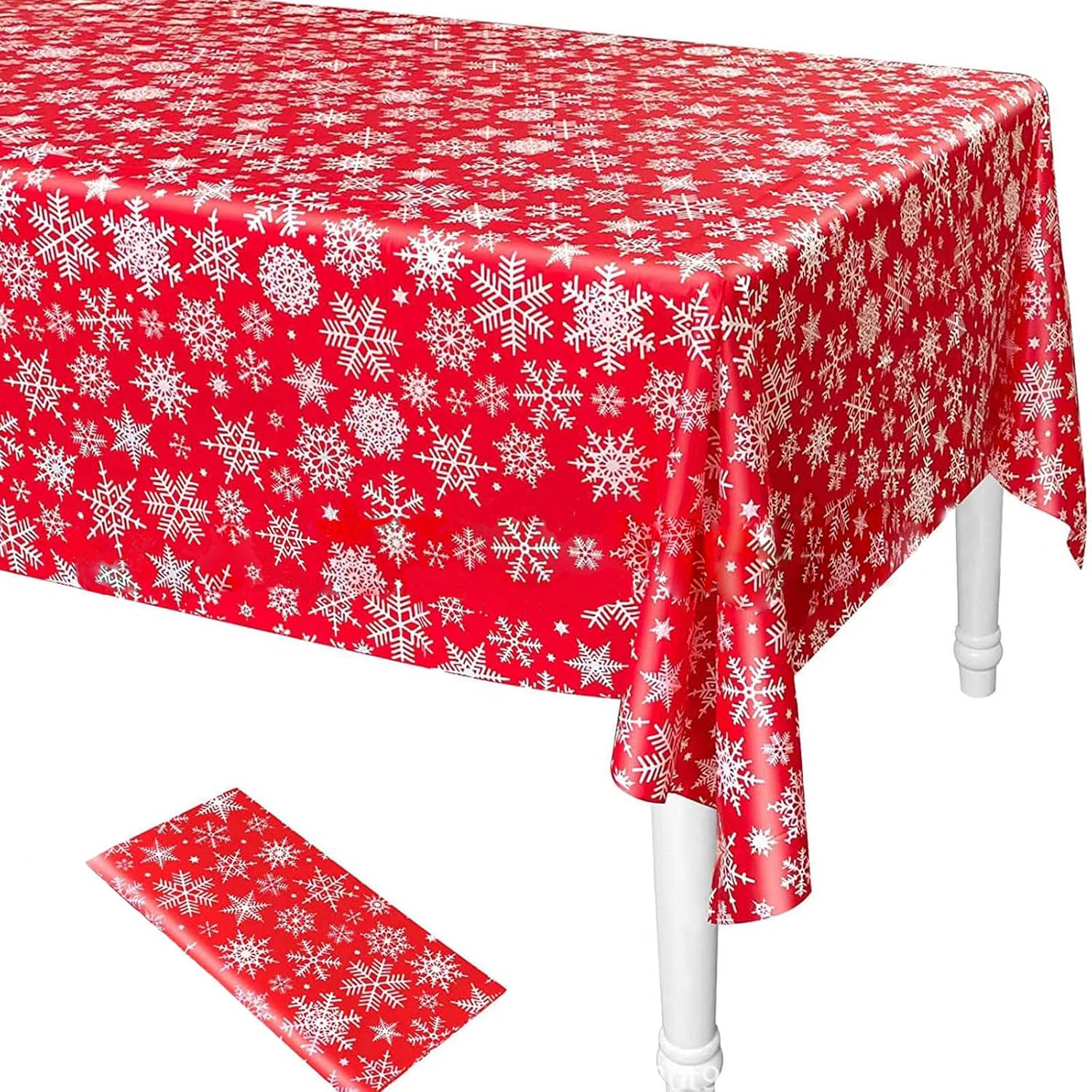KEELYY Mantel de Navidad Rojo, Copo de Nieve Mantel Navideño Rectangular, Impermeable Mantel de Plástico, Adecuado para Fiestas, Cumpleaños Infantiles, Bodas, Navidad, 137 x 274 cm