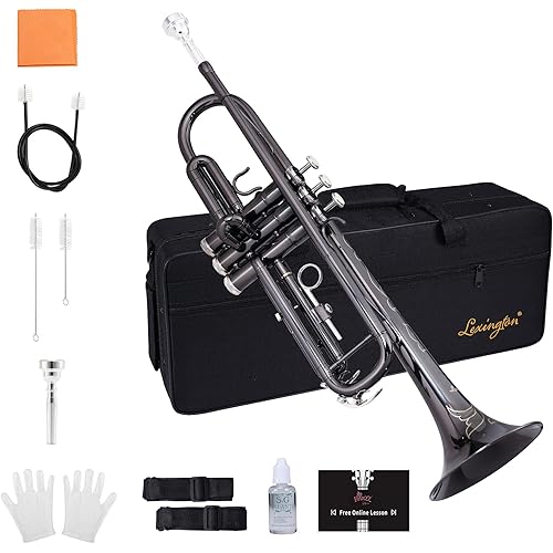 Lexington Standard Bb Student Model Trumpet Includes Hard Case, Cleaning Rod and Cloth, Gloves (Black Nickel)
