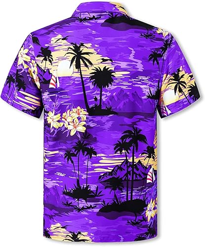 Vista 2 de Cromoncent Camisa hawaiana de manga corta para hombre y niño, cuello cubano, tropical, vacaciones, verano, playa