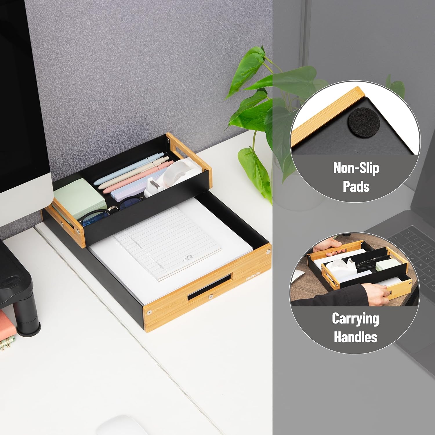 Mind Reader Metal and Wood Tiered Desktop Organizer Trays with Cutout Handles, Stackable Office Storage, Office, Entryway, Coffee Station and Home Organization, Metal and Wood, Set of 2, Black image 4