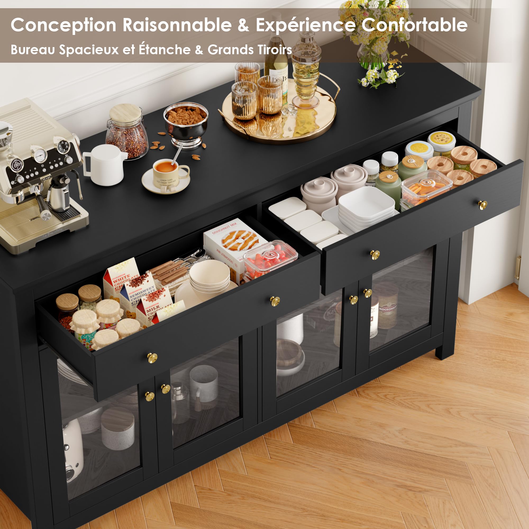 FirFurd Buffet Portes Vitrées Meuble Cuisine Rangement Noir 140x40x90.7cm