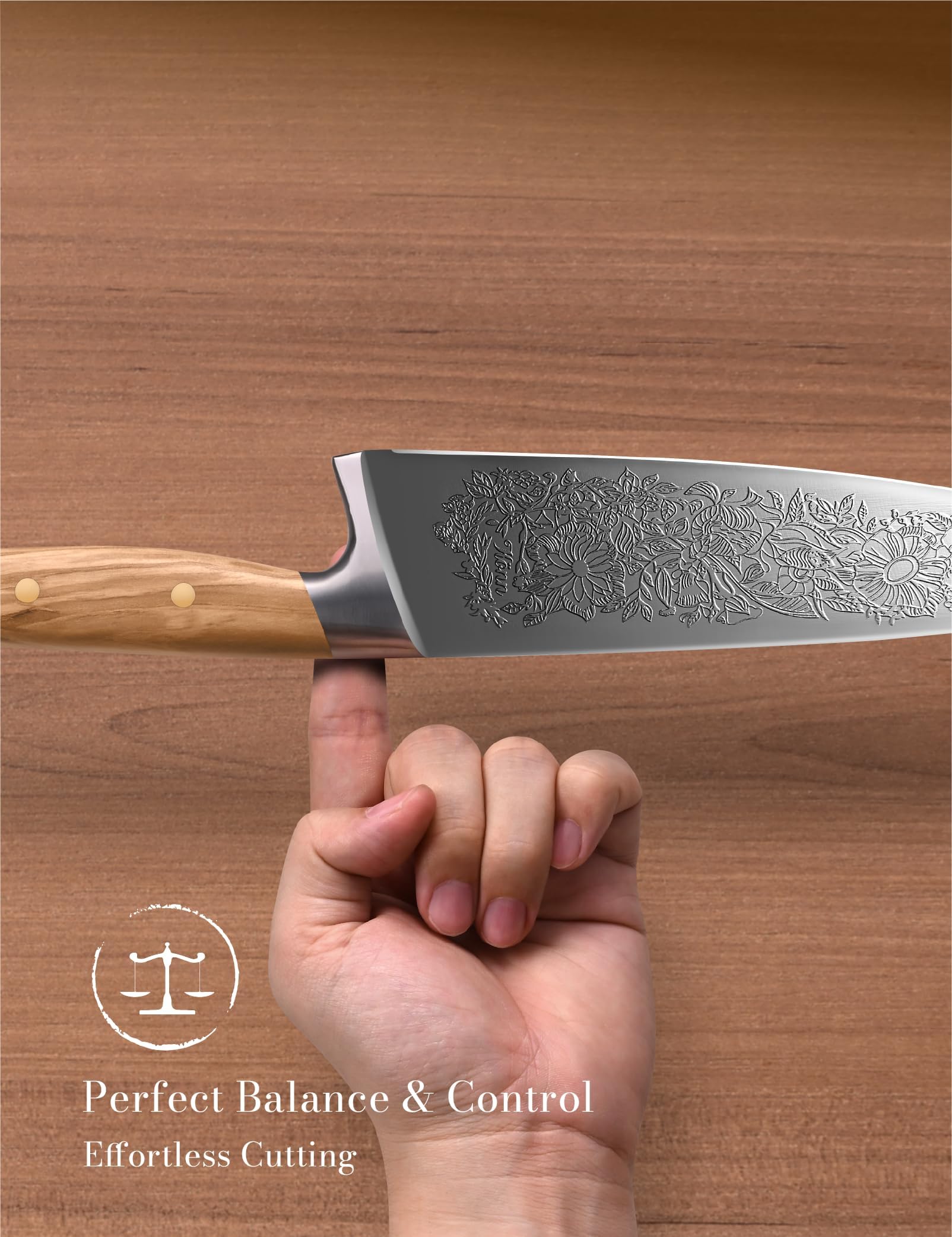 Chef Kitchen Knife 8", Embossed Botanical Blade, Olive Wood Handle — Amazon image 7