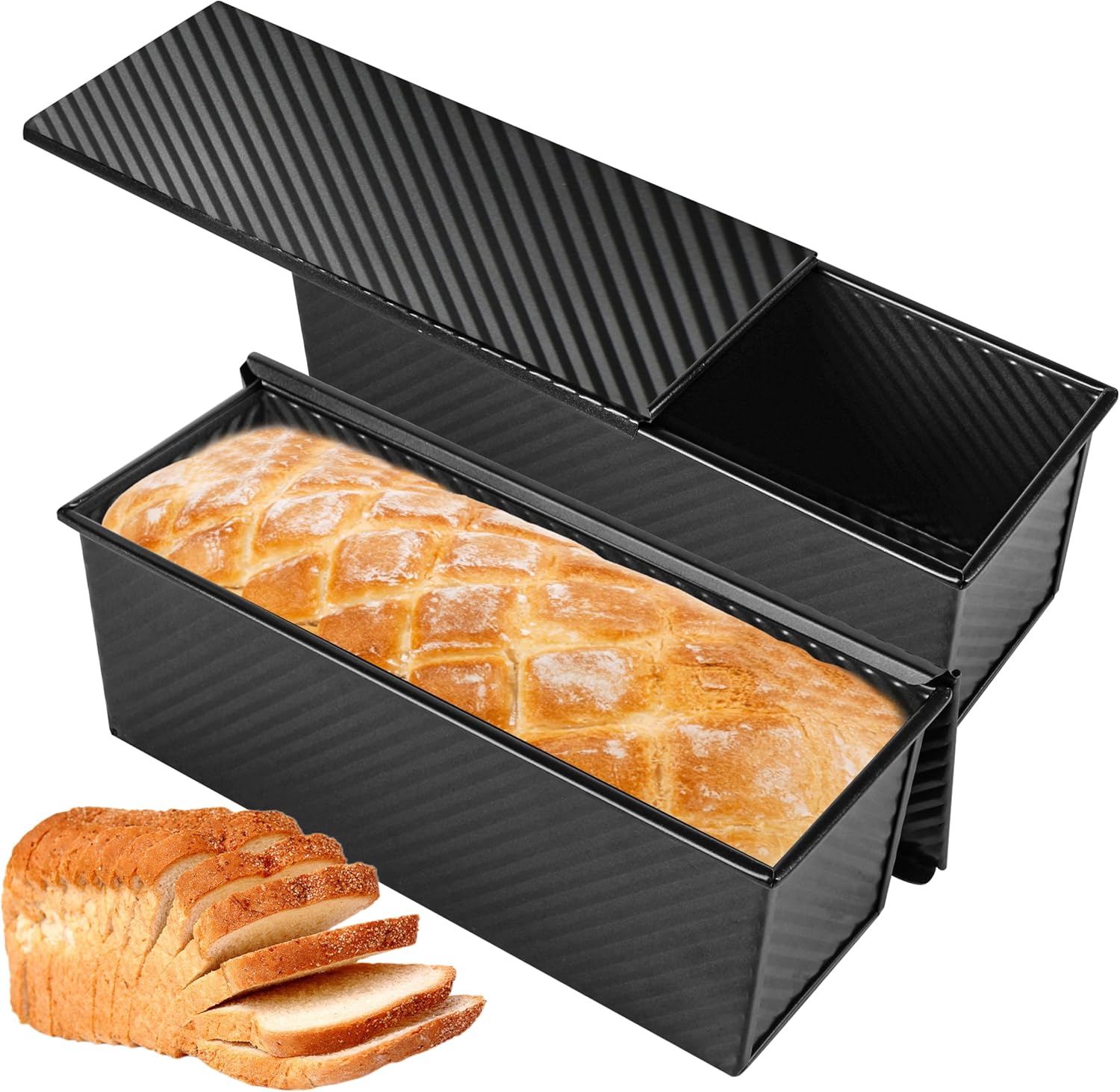 2-Pack Black 13inch Pullman Loaf Pan with Lid, Premium Non-Stick Coating Bread Pan, PFTE and PFOA-Free, Safe and Healthy Baking for Homemade Bread with Family-sized