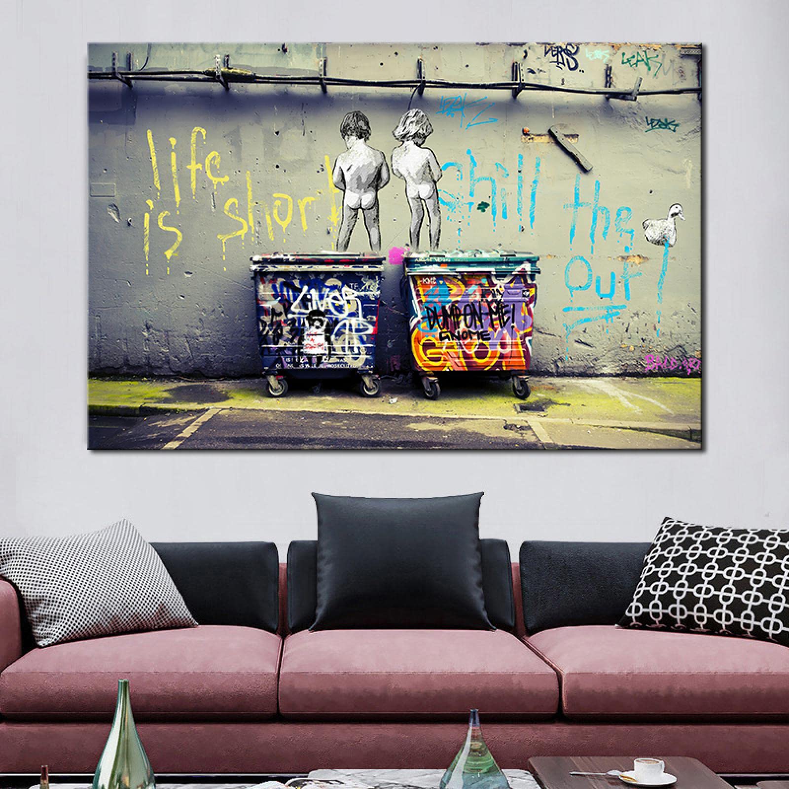 Banksy Bilder Leinwand Life is Short Wandbild 100x60 cm Graffiti Streetart Bilder Leinwand Bild XXL Wanddeko Poster Pop Art Bunt Kunstdruck für Wohnzimmer Schlafzimmer Dekor Mit Rahmen