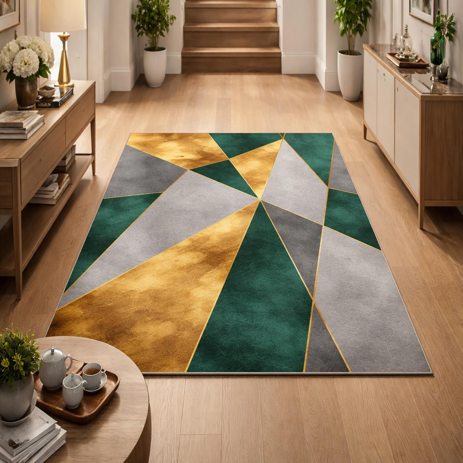 Tapis géométrique moderne or Rururug 170x240cm salon doux lavable