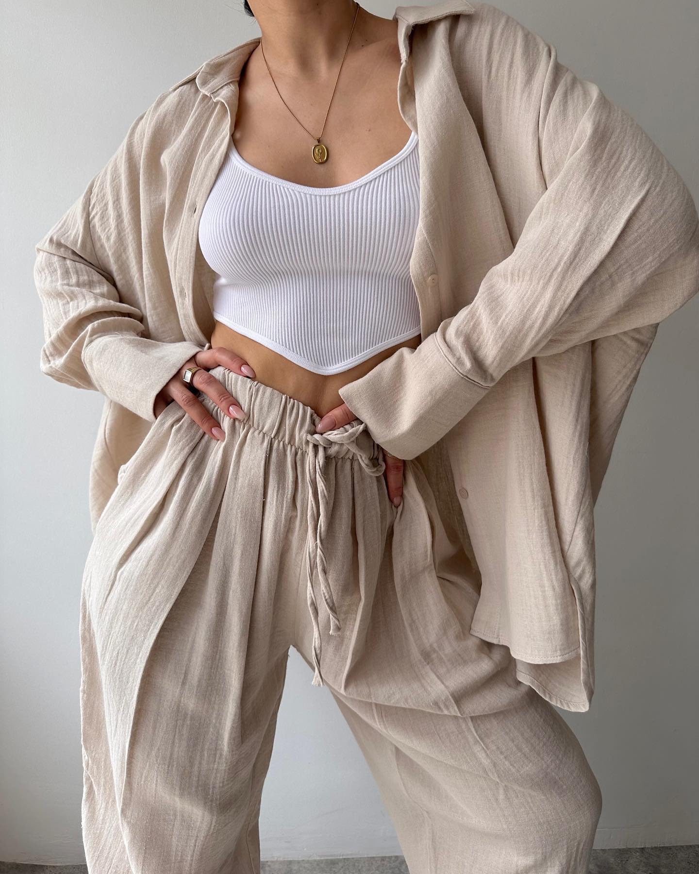 Completo Da Donna Con Pantaloni, Due Pezzi, Elegante Camicetta In Mussola E Pantaloni Larghi In Lino, Lungo, Elegante, A Maniche Lunghe, Completo Da Casa Y2K, Outfit Autunnale